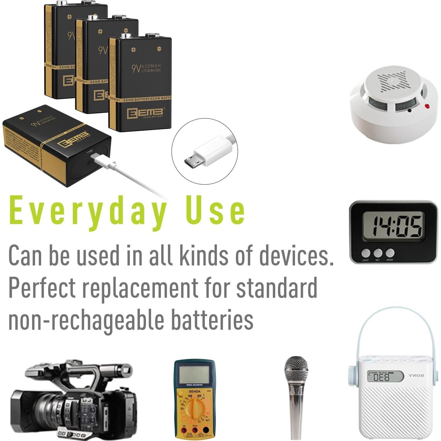 Paquete de 4 Baterías Recargables 9V EEMB Li-ion 650mAh