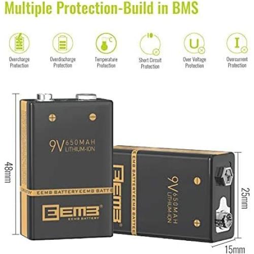 Paquete de 4 Baterías Recargables 9V EEMB Li-ion 650mAh