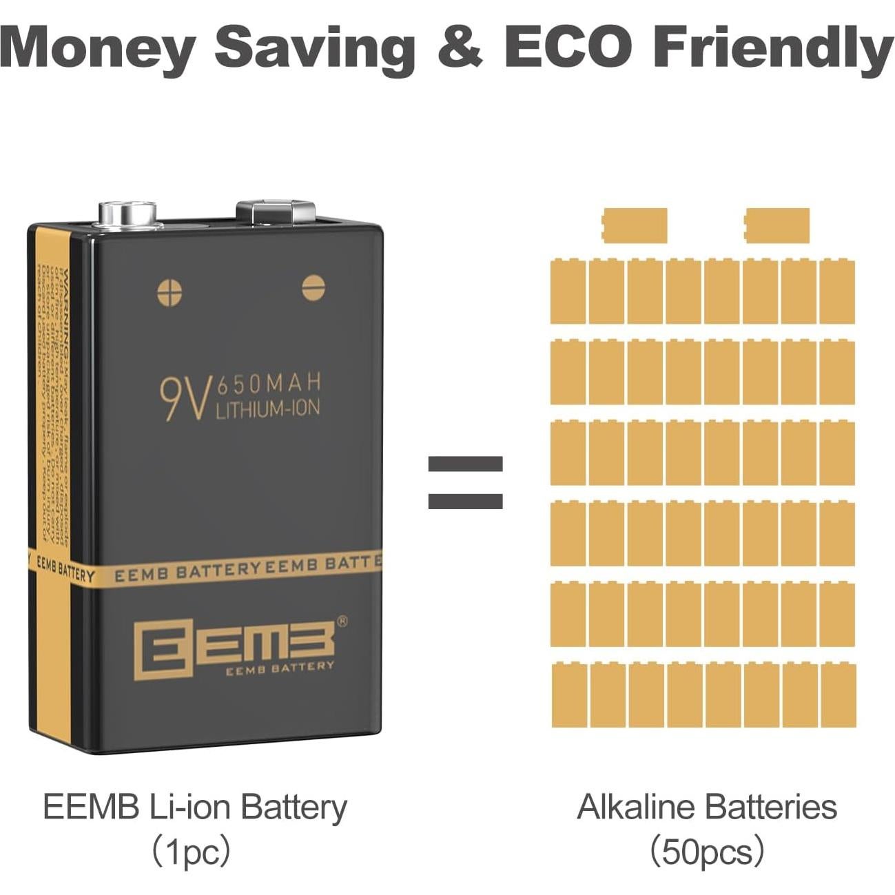 Paquete de 4 Baterías Recargables 9V EEMB Li-ion 650mAh