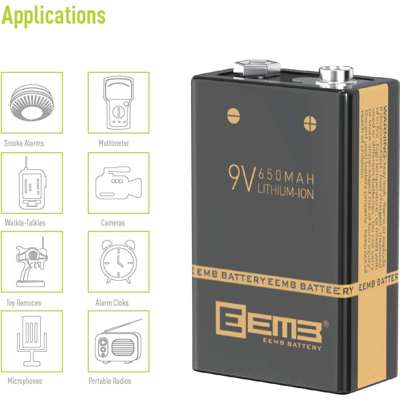 Paquete de 4 Baterías Recargables 9V EEMB Li-ion 650mAh