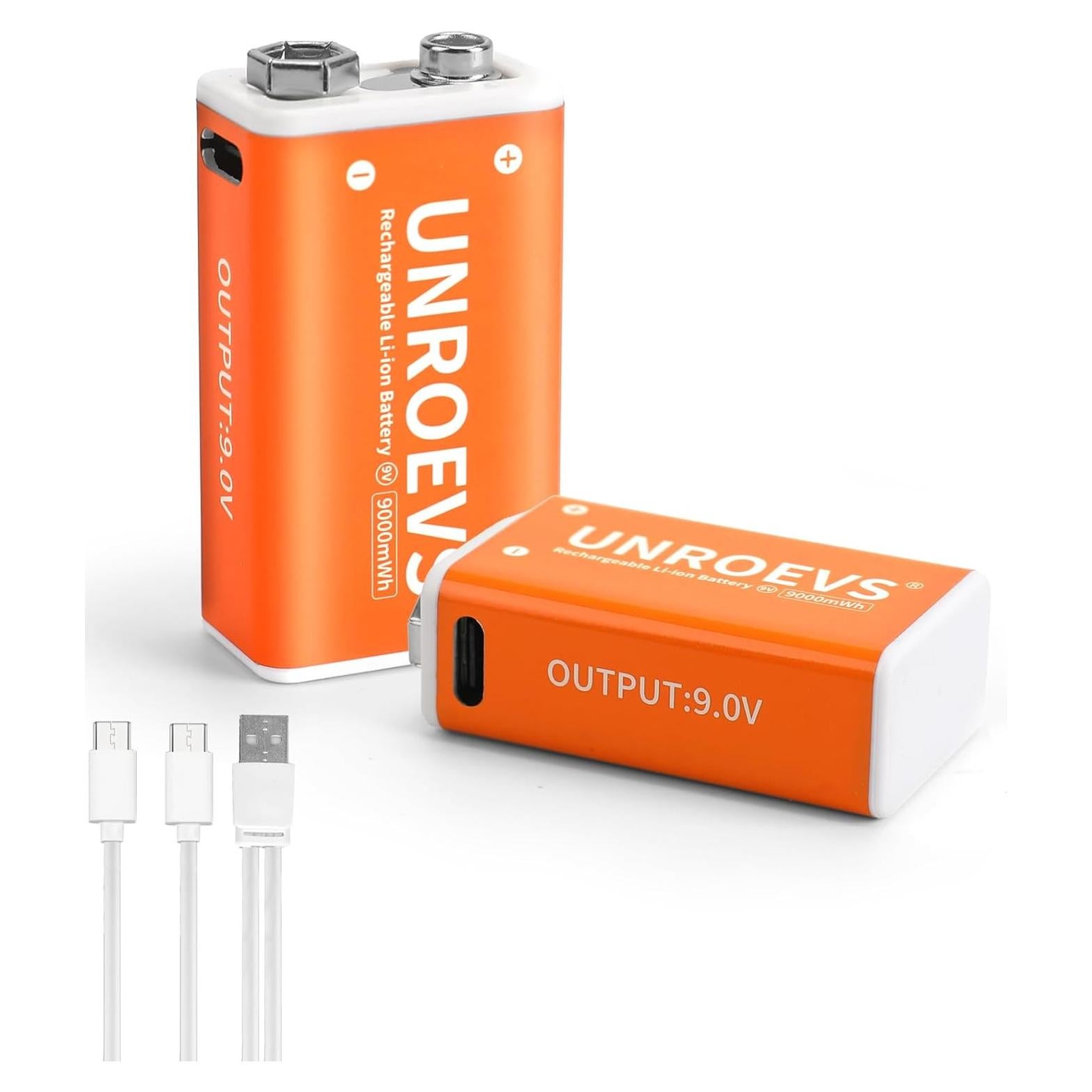 Paquete de 2 Baterías Recargables 9V 1000mAh UNROEVS con USB-C