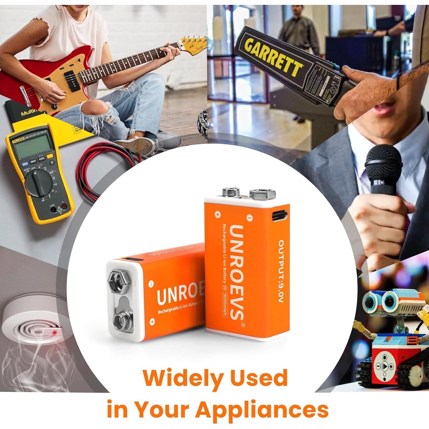 Paquete de 2 Baterías Recargables 9V 1000mAh UNROEVS con USB-C