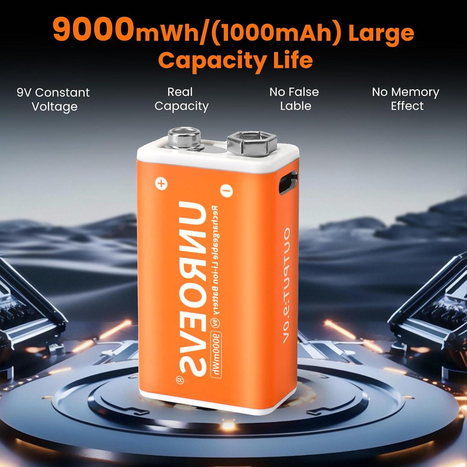 Paquete de 2 Baterías Recargables 9V 1000mAh UNROEVS con USB-C