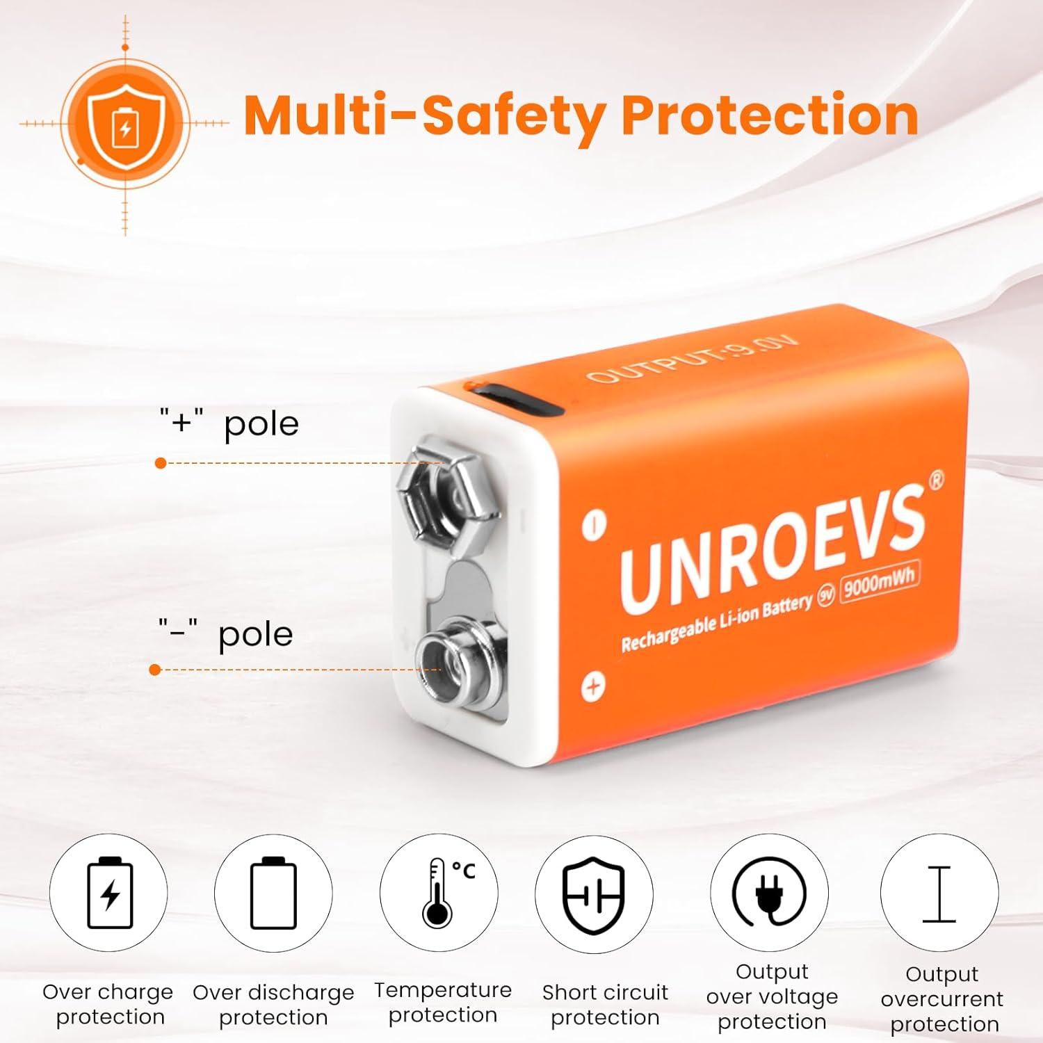 Paquete de 2 Baterías Recargables 9V 1000mAh UNROEVS con USB-C