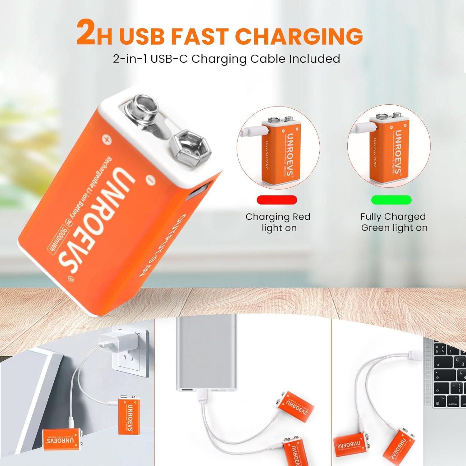 Paquete de 2 Baterías Recargables 9V 1000mAh UNROEVS con USB-C