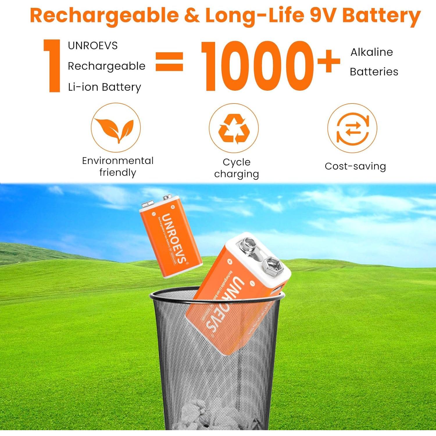 Paquete de 2 Baterías Recargables 9V 1000mAh UNROEVS con USB-C