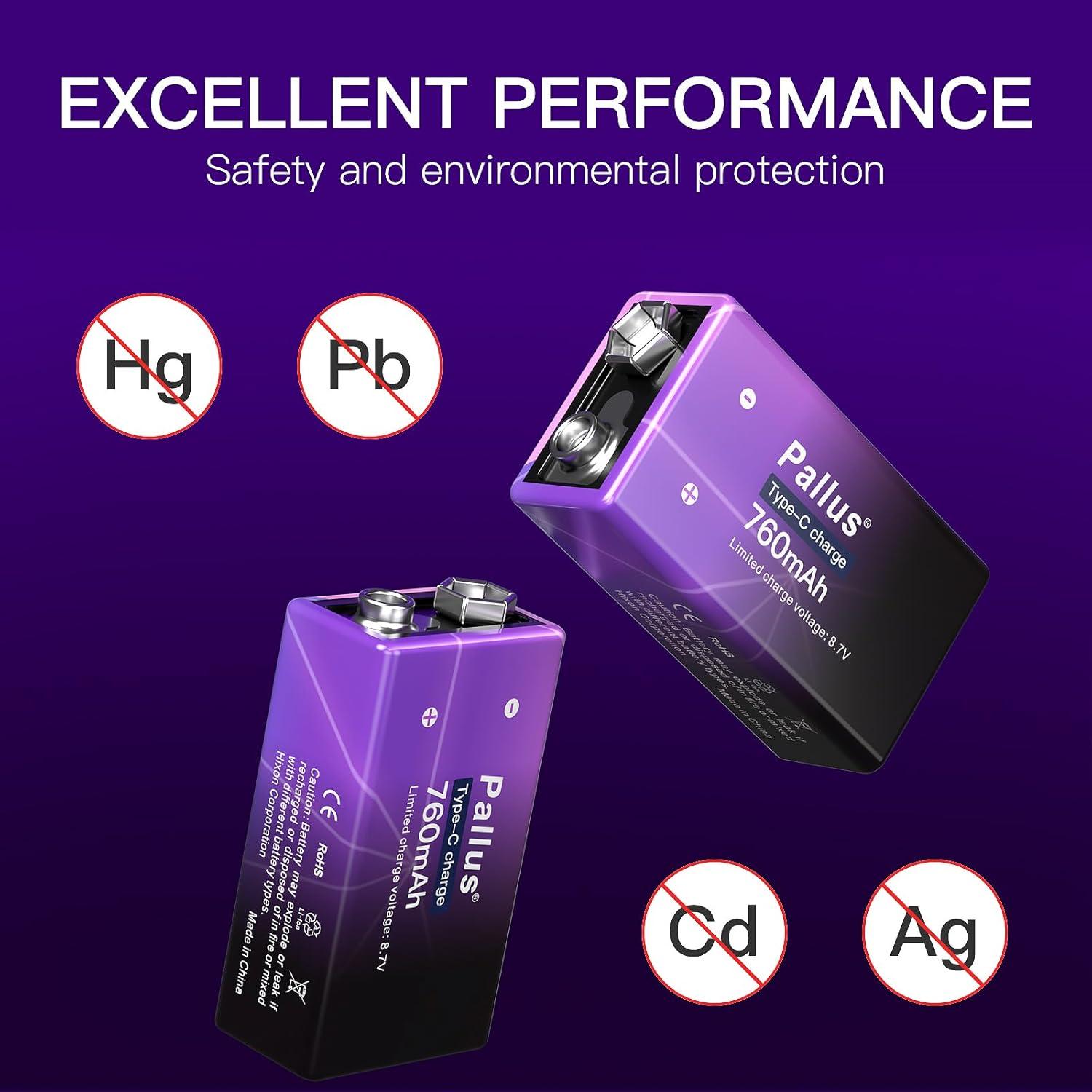 Baterías Recargables 9V Pallus 760mAh Li-ion Paquete de 4