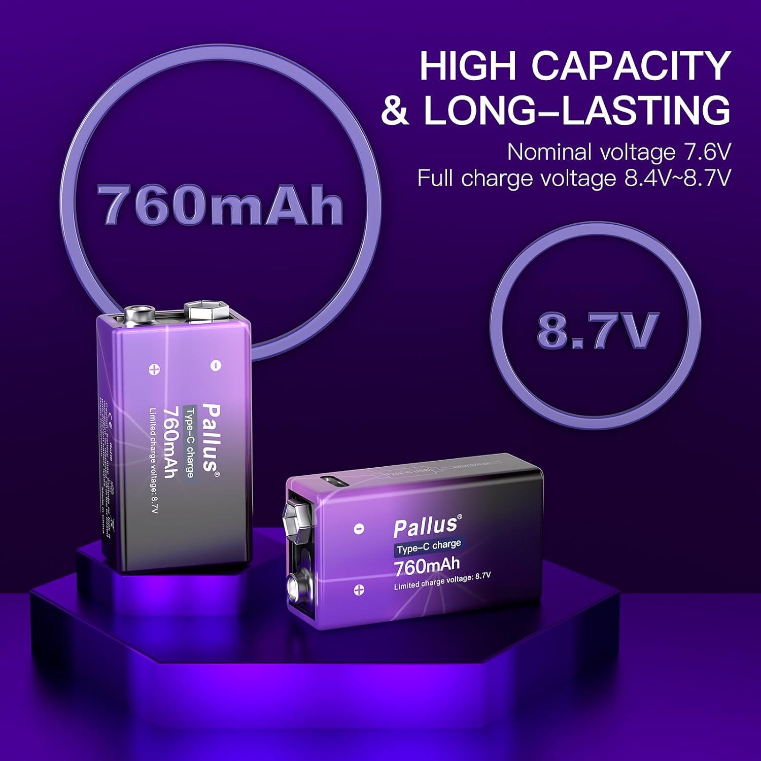 Baterías Recargables 9V Pallus 760mAh Li-ion Paquete de 4