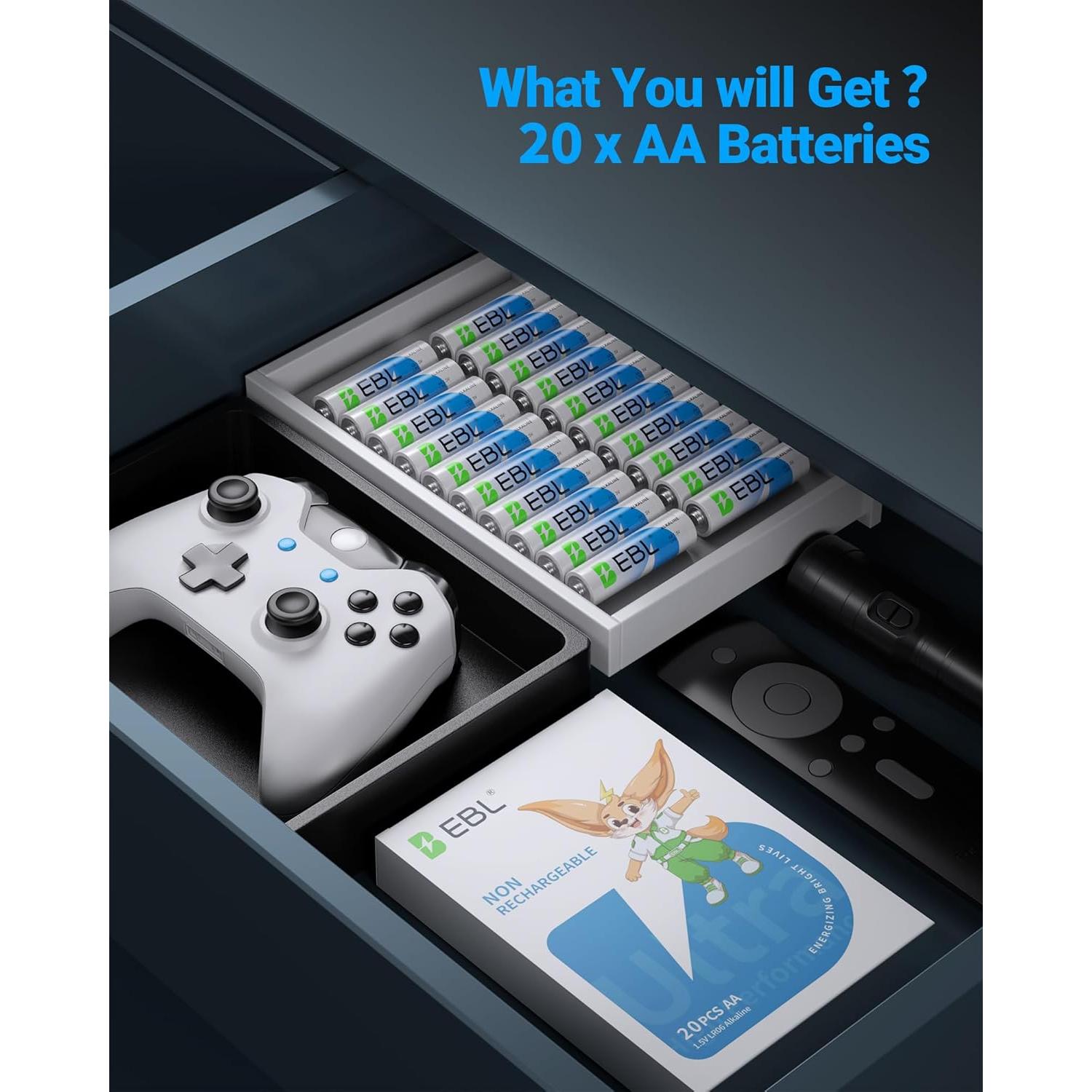 Baterías AA EBL 20 Piezas Alcalinas 1.5V Larga Duración