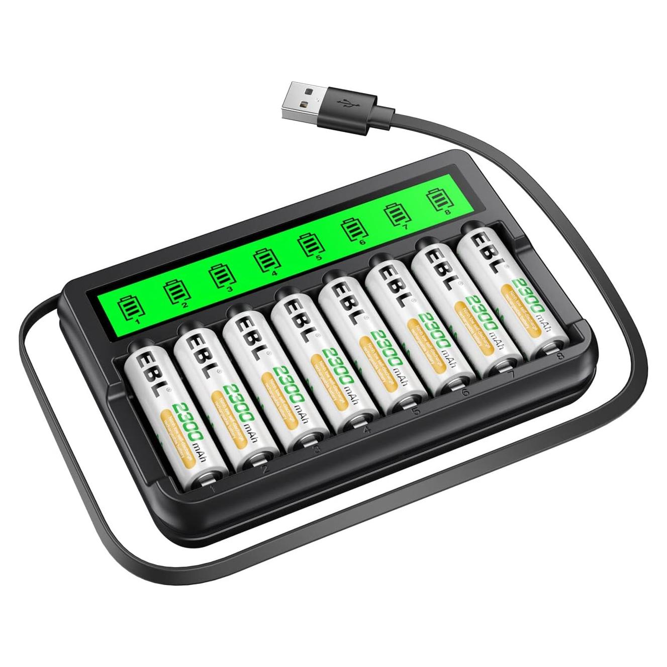 Baterías recargables AA EBL 8 Pack + Cargador LCD 2300mAh