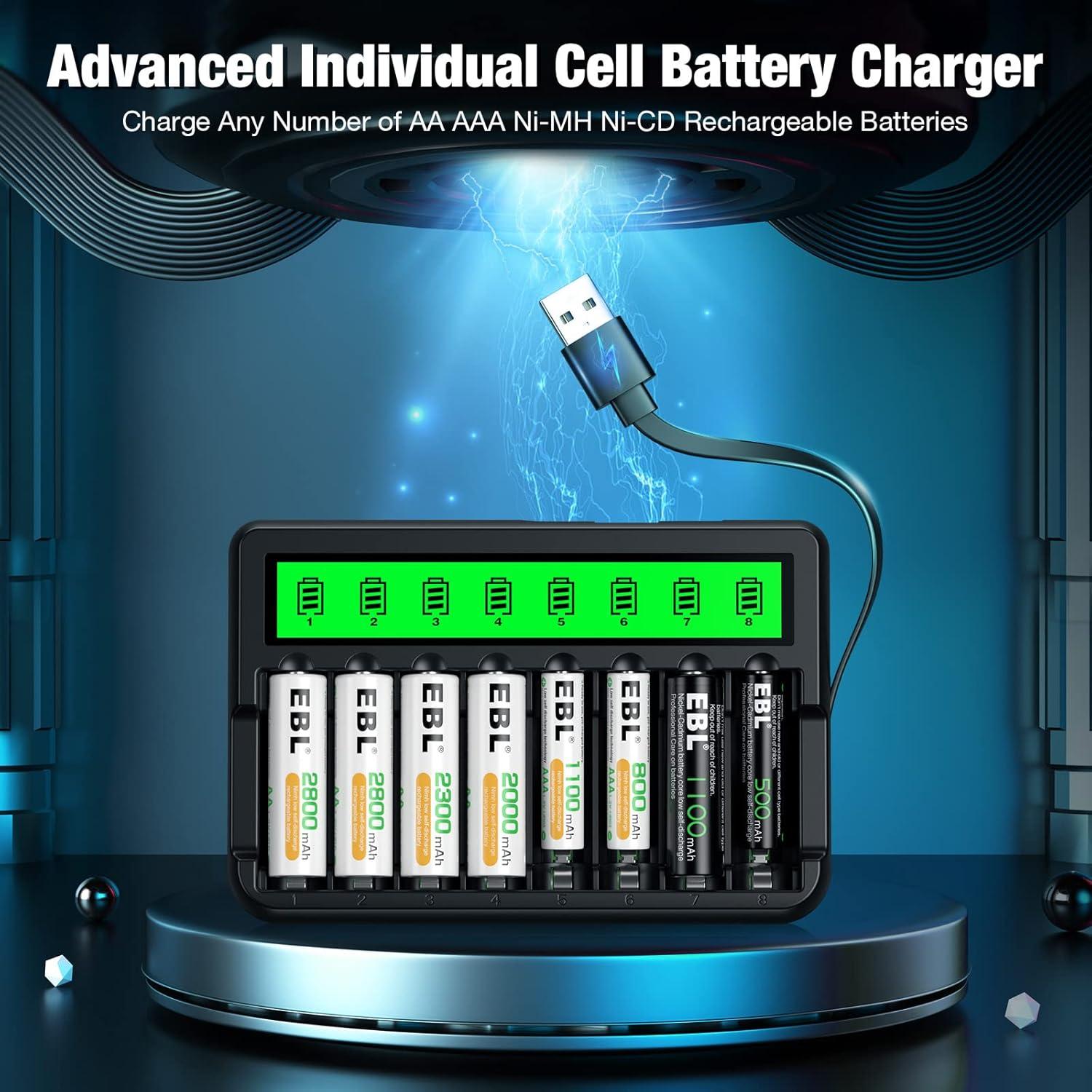 Baterías recargables AA EBL 8 Pack + Cargador LCD 2300mAh