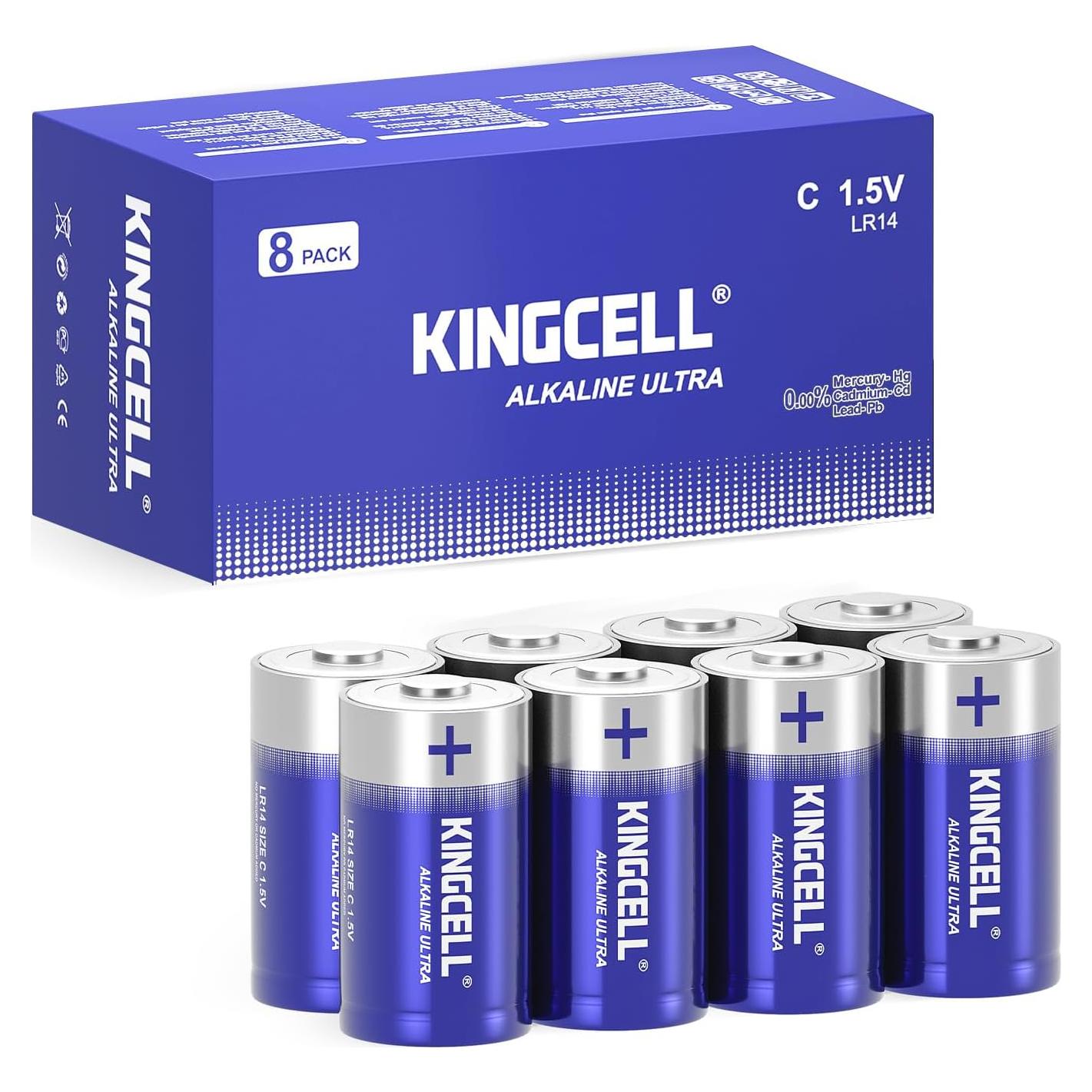 Baterías C KINGCELL Paquete de 8 Alcalinas 1.5V de Alto Rendimiento