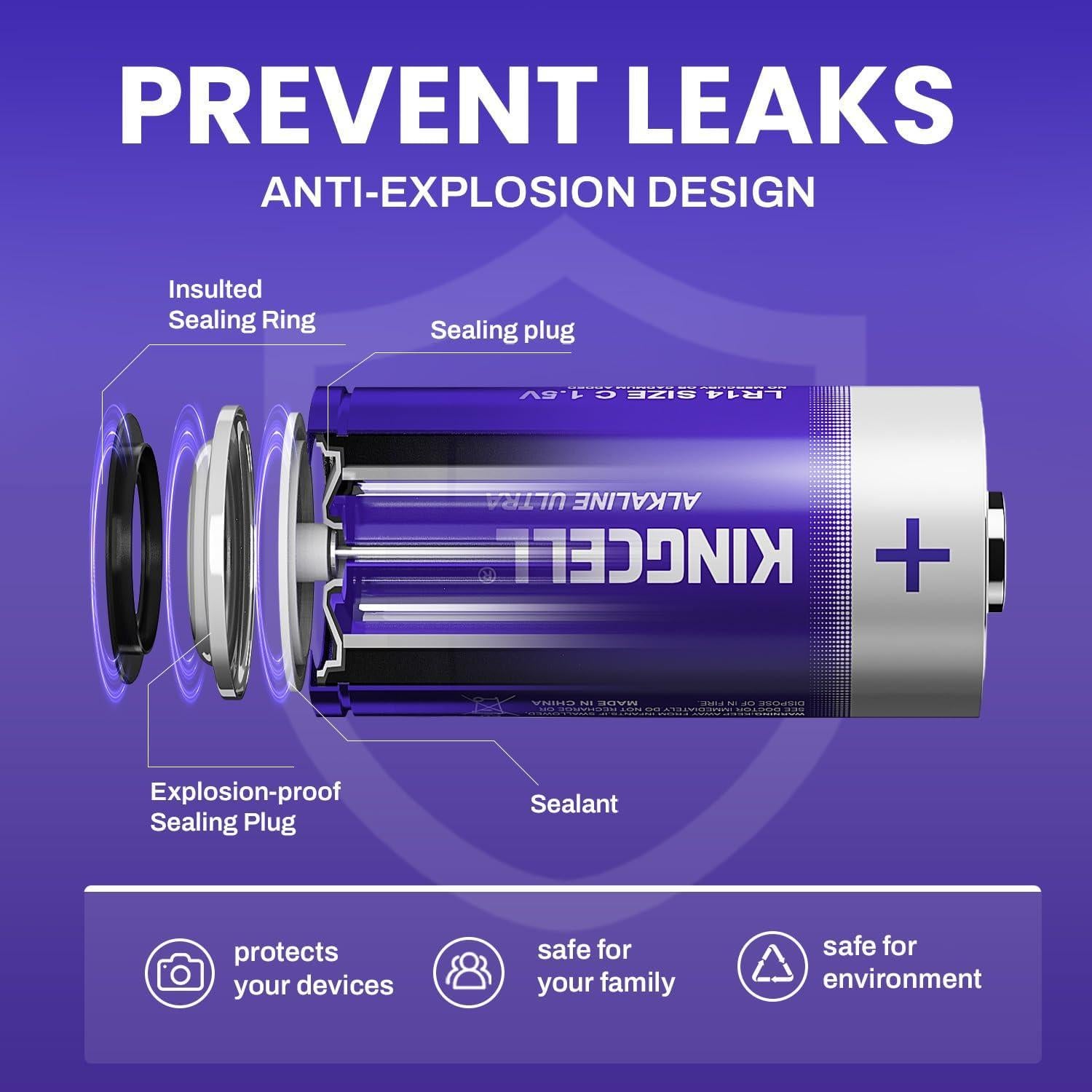 Baterías C KINGCELL Paquete de 8 Alcalinas 1.5V de Alto Rendimiento