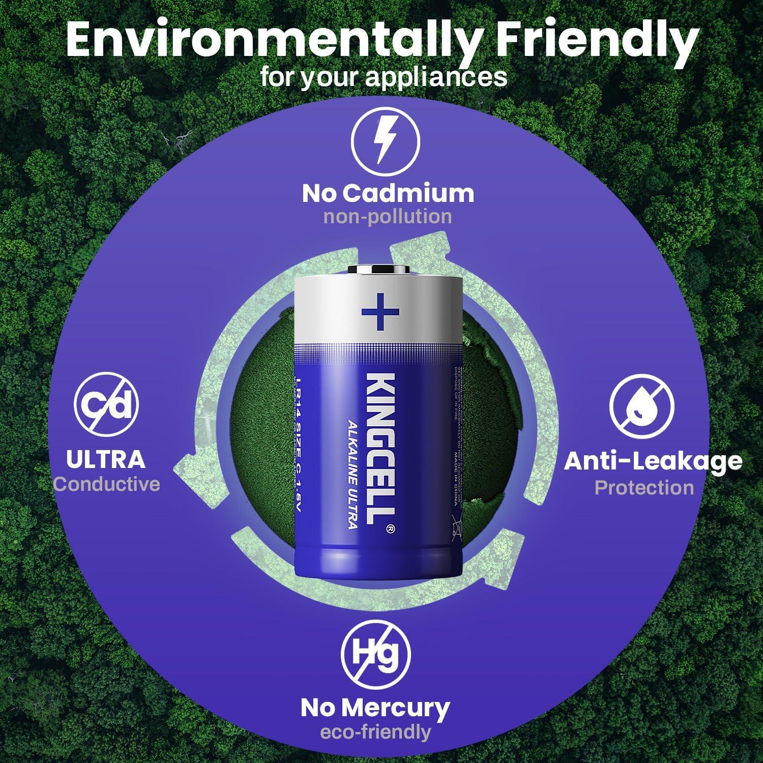 Baterías C KINGCELL Paquete de 8 Alcalinas 1.5V de Alto Rendimiento