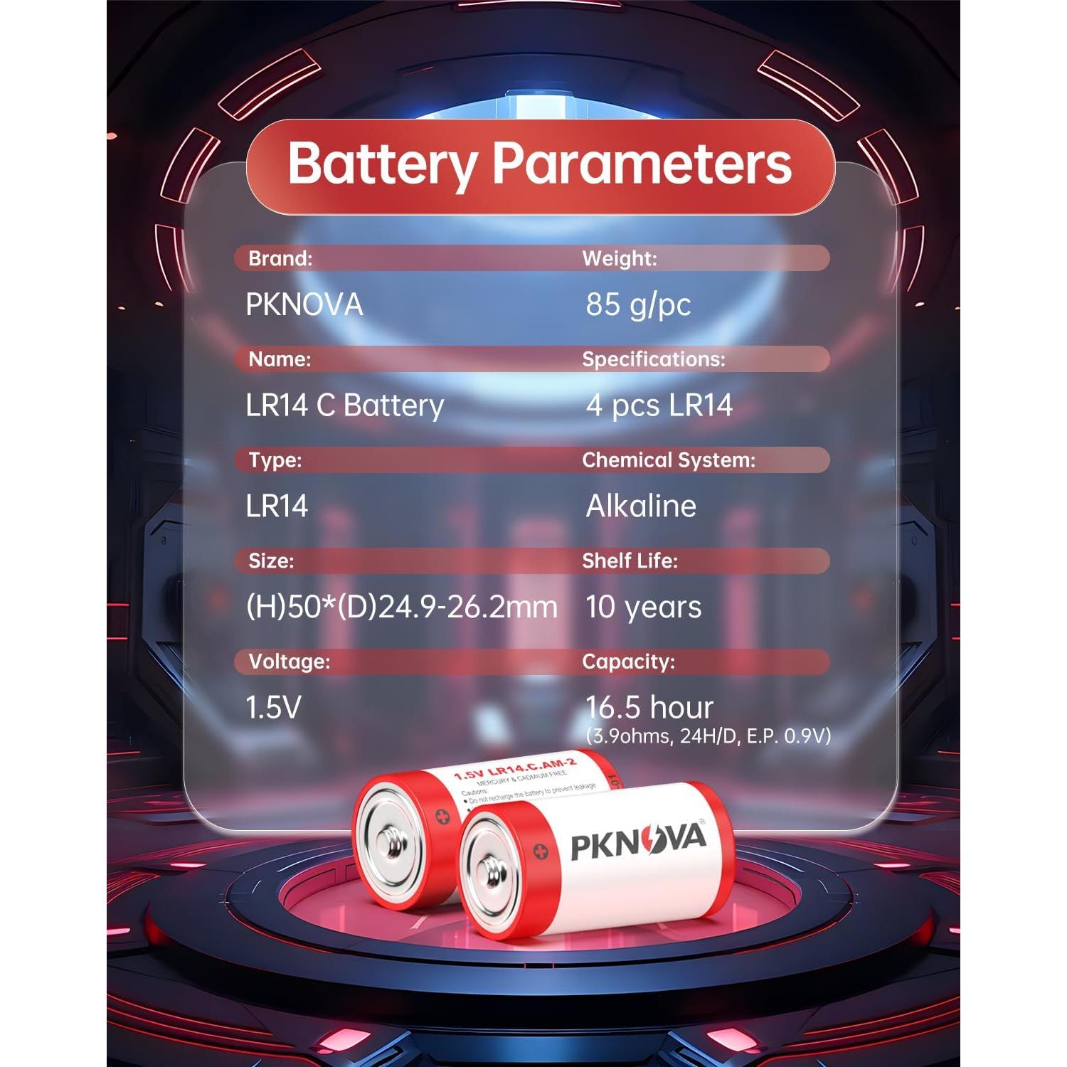 Paquete de 4 Baterías Alcalinas C PKNOVA 1.5V LR14 Duraderas