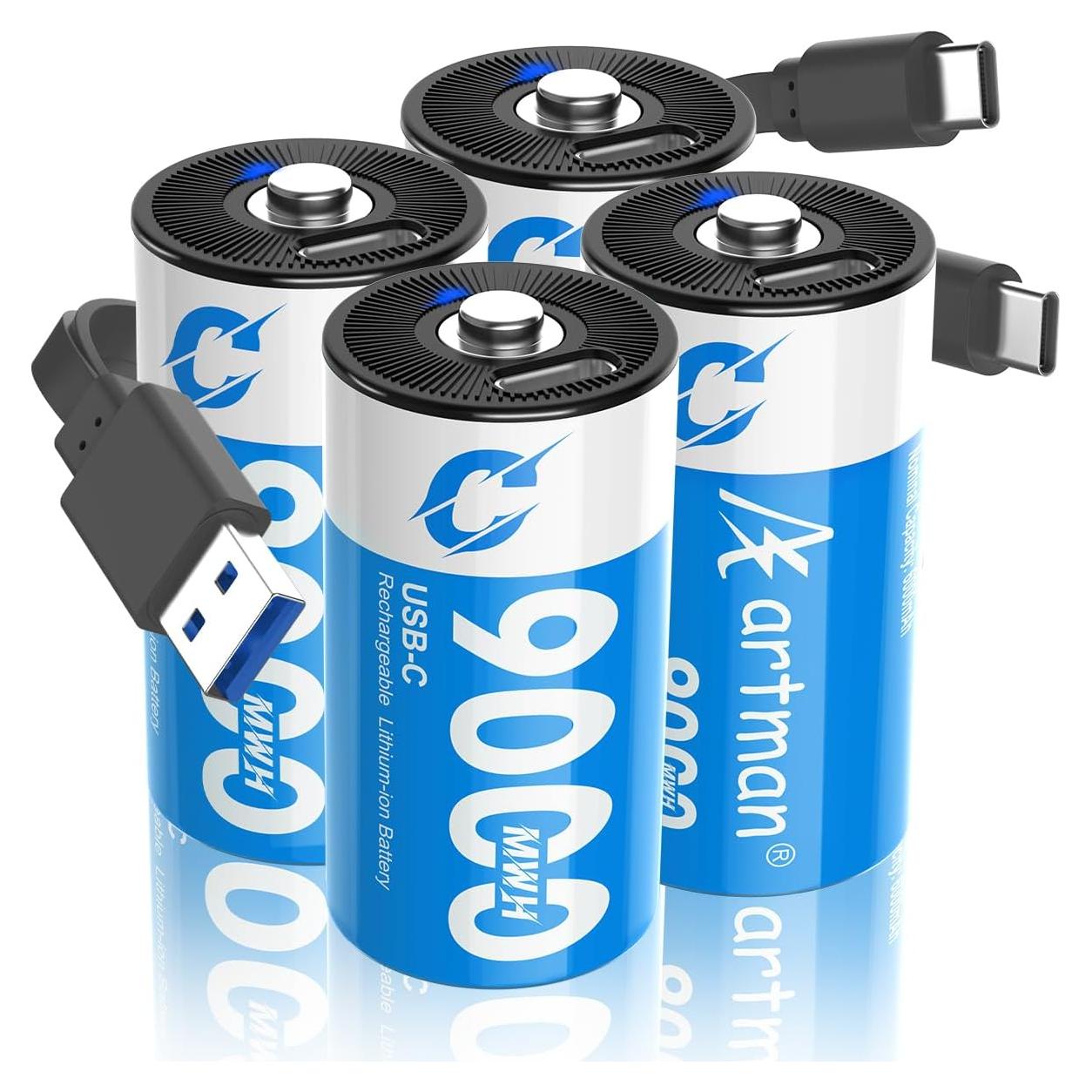 Baterías Recargables de Litio C Artman - Paquete de 4, 9000mWh