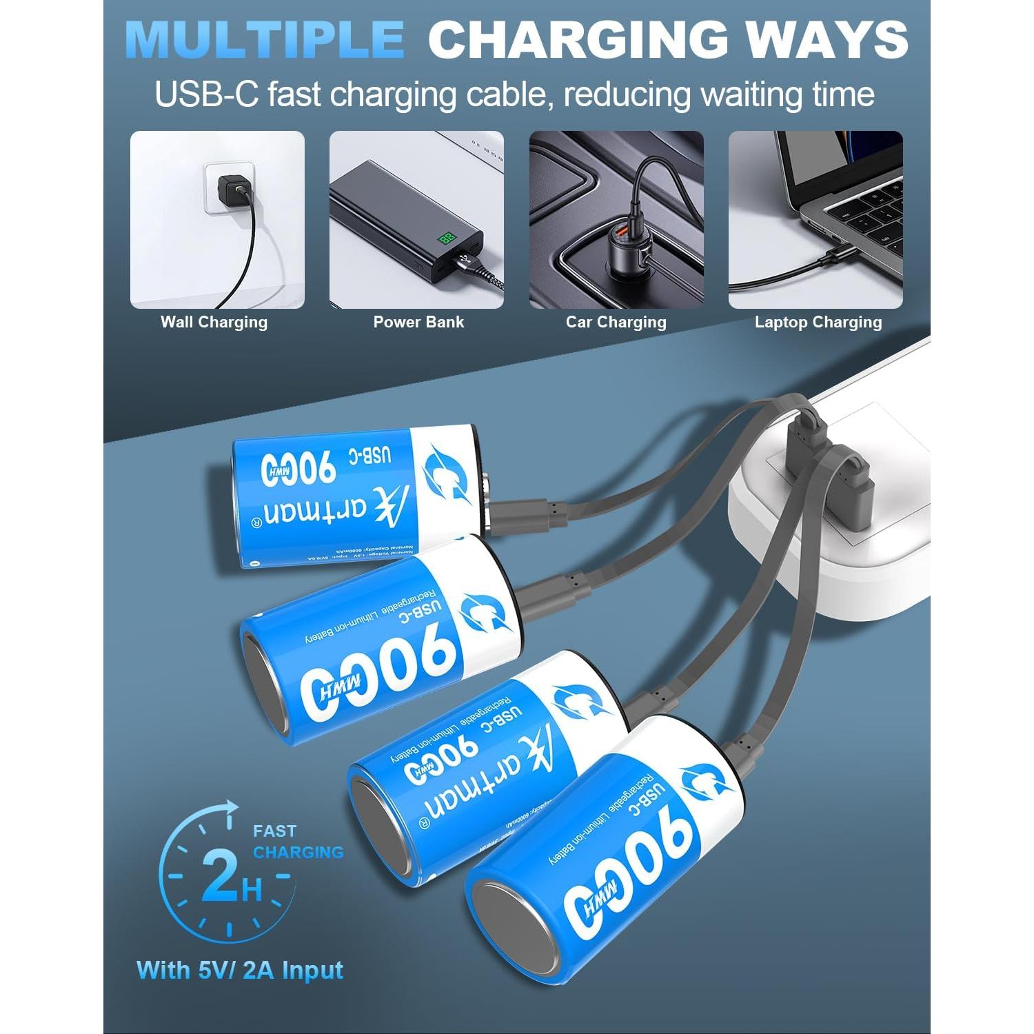 Baterías Recargables de Litio C Artman - Paquete de 4, 9000mWh