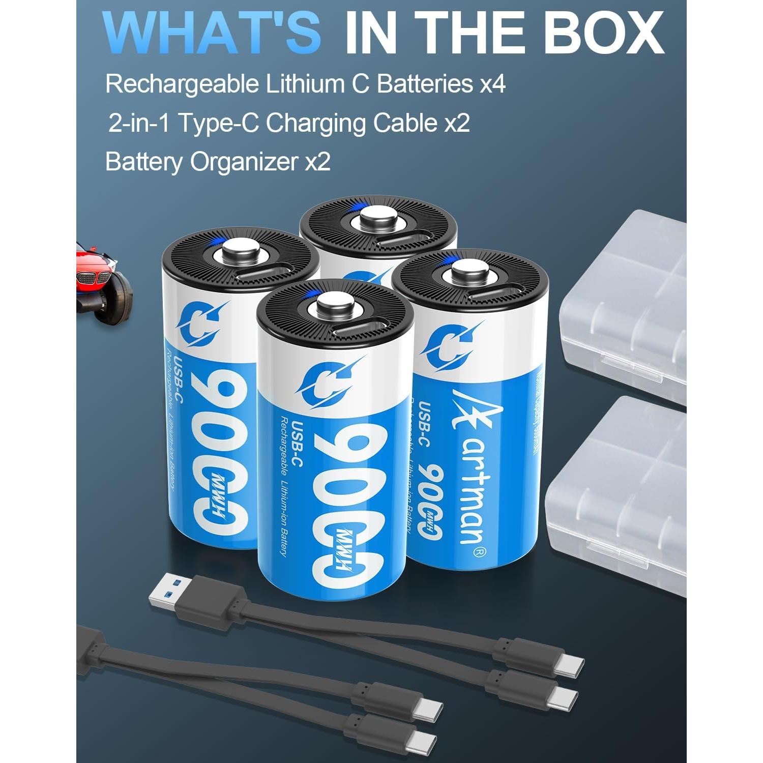 Baterías Recargables de Litio C Artman - Paquete de 4, 9000mWh