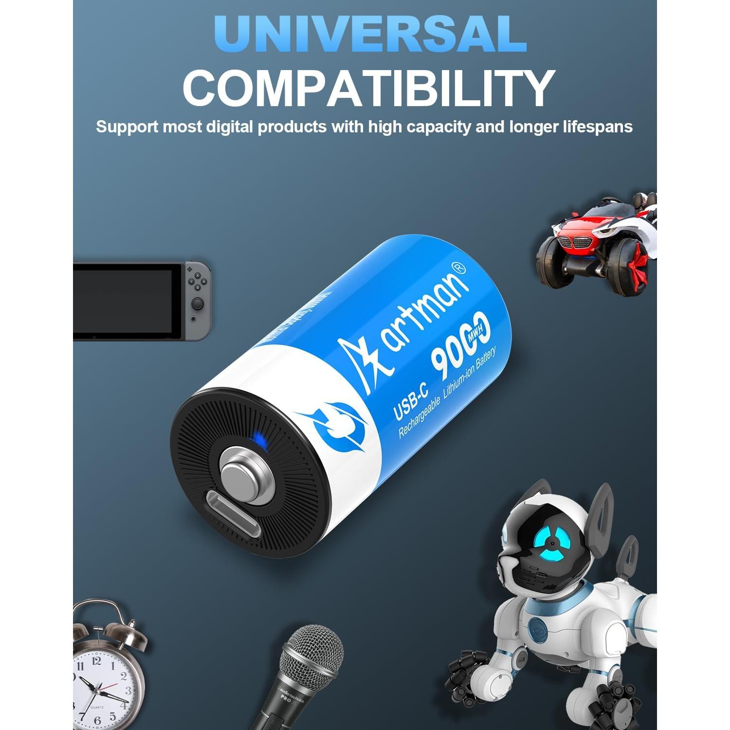 Baterías Recargables de Litio C Artman - Paquete de 4, 9000mWh