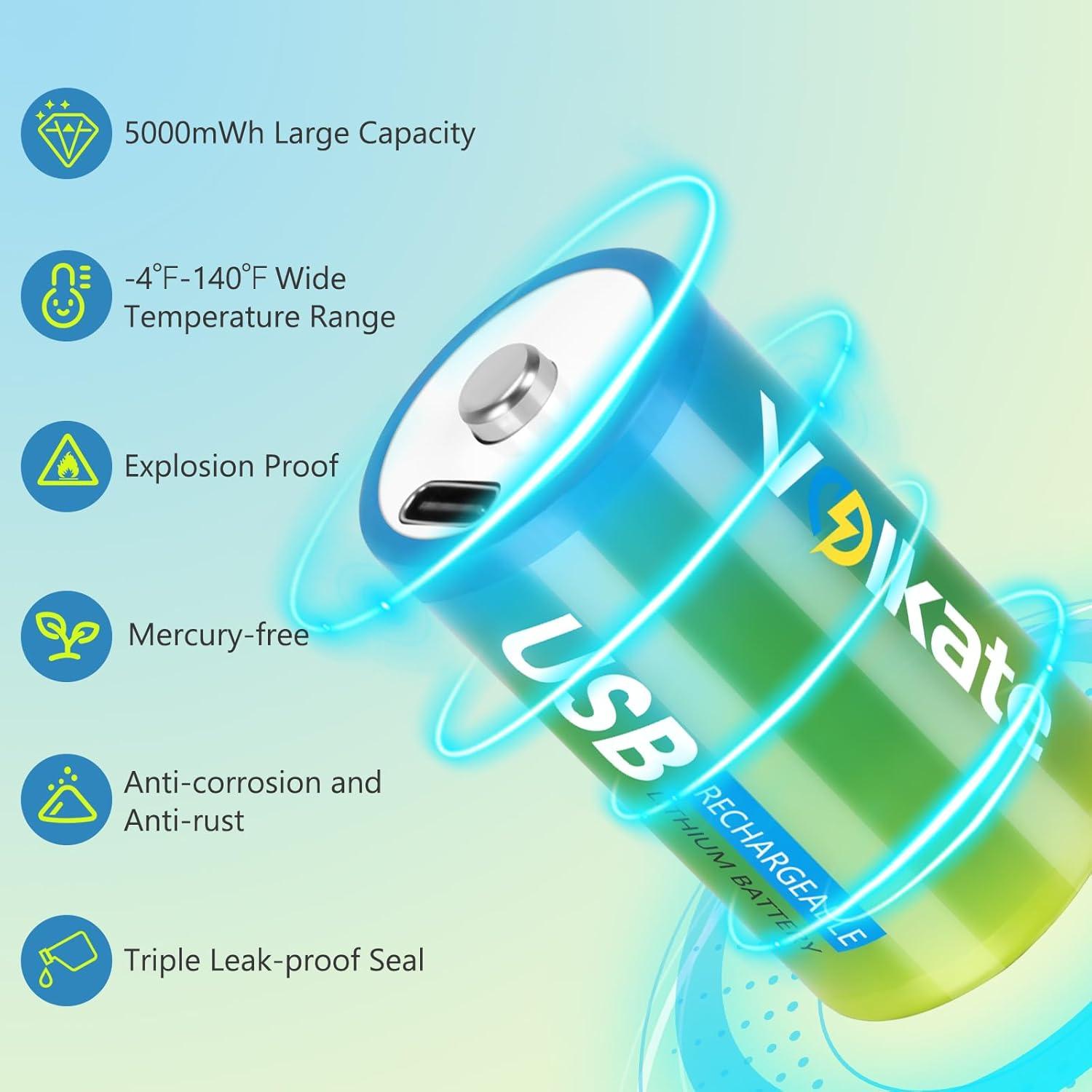 Paquete de 4 Baterías C Recargables USB LeKai 5000mWh