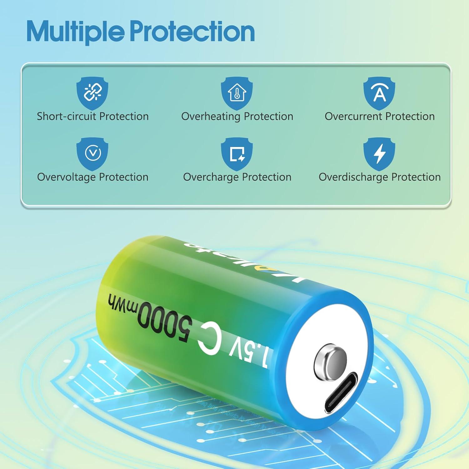 Paquete de 4 Baterías C Recargables USB LeKai 5000mWh