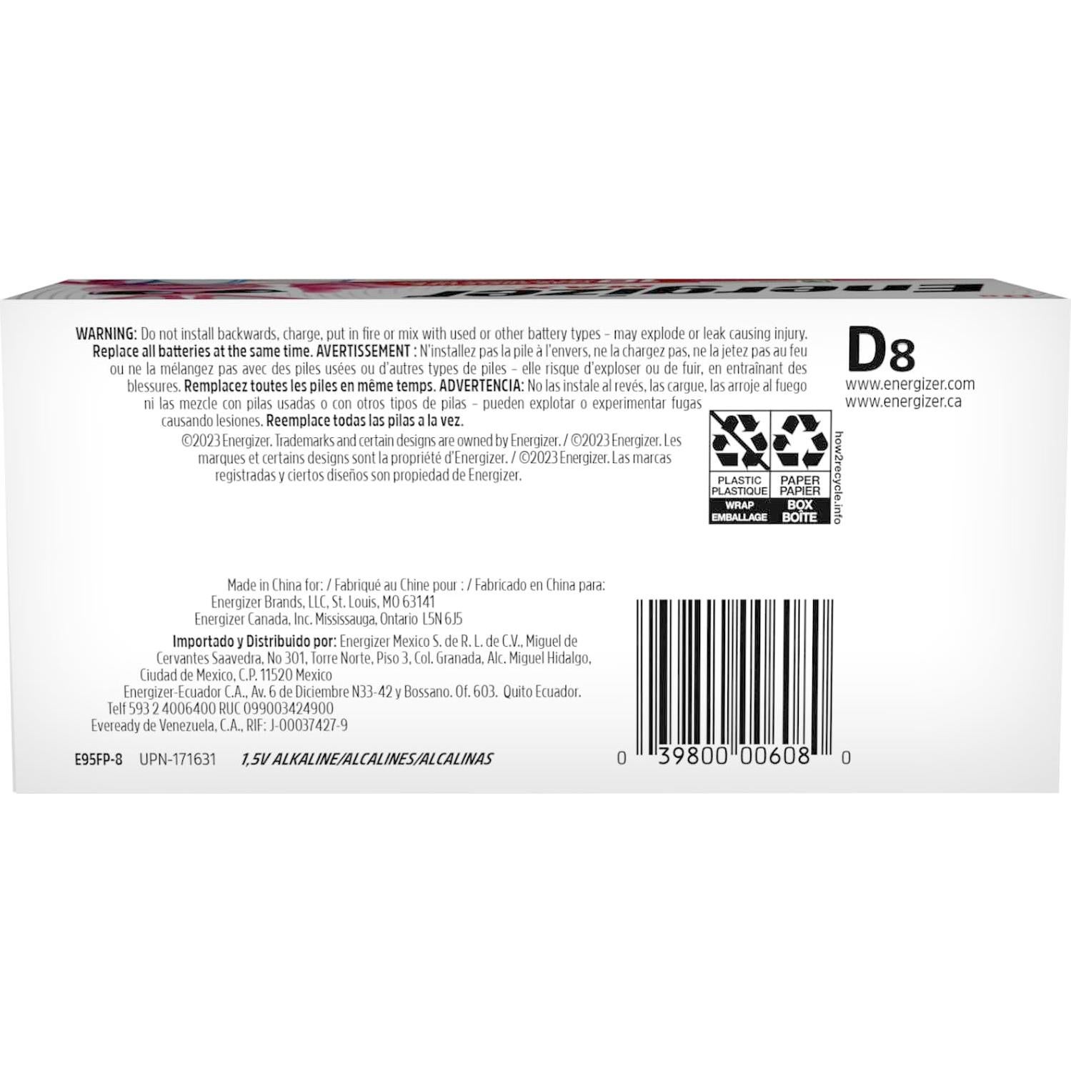 Baterías D Alcalinas Energizer MAX - Paquete de 8 Unidades