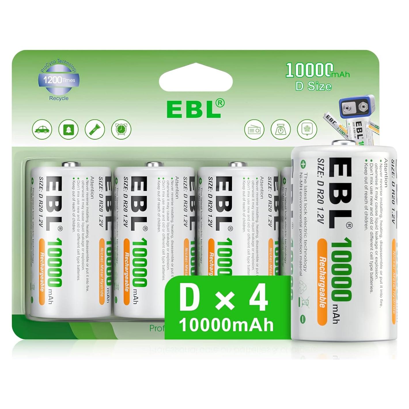 Baterías recargables D EBL 10000mAh Ni-MH - Paquete de 4
