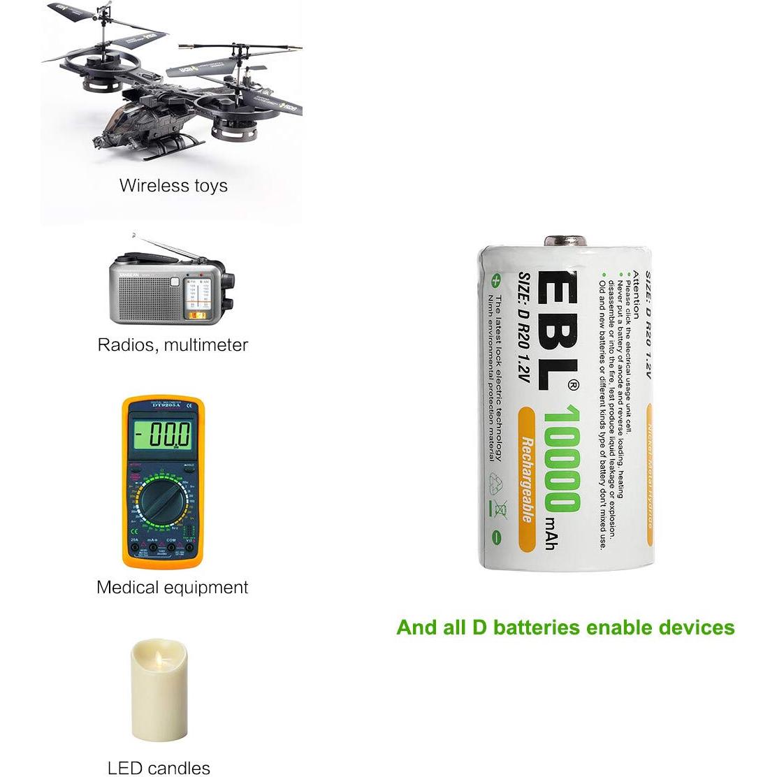 Baterías recargables D EBL 10000mAh Ni-MH - Paquete de 4