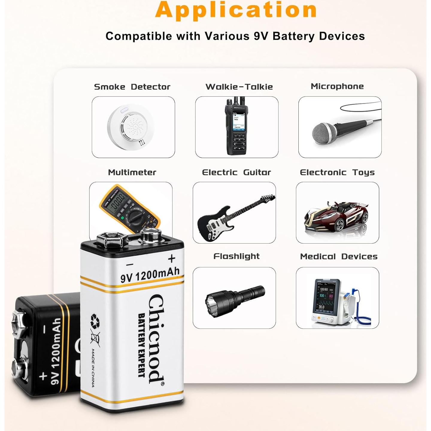 Baterías Recargables de Litio 9V CHICNOD 1200mAh Paquete de 6