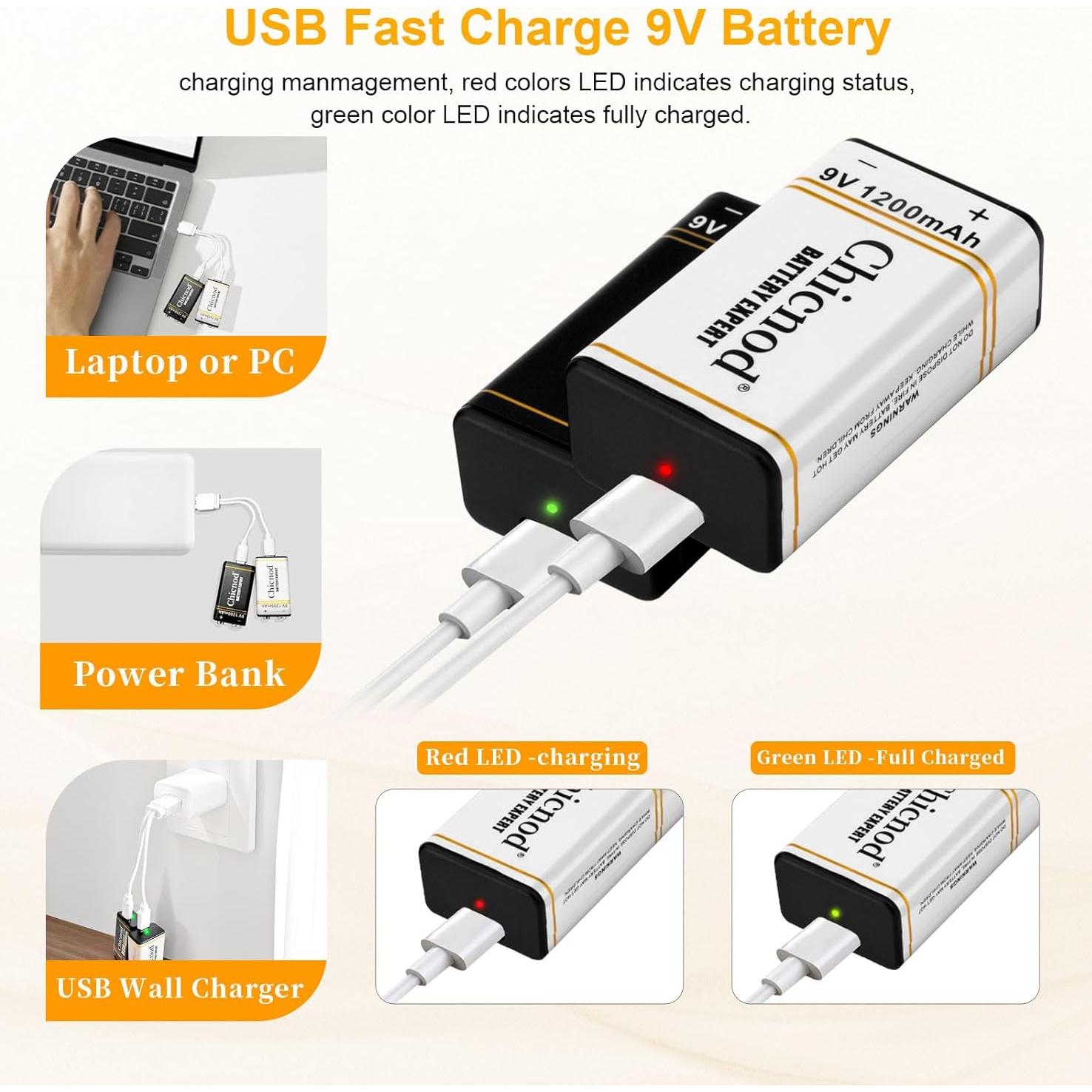 Baterías Recargables de Litio 9V CHICNOD 1200mAh Paquete de 6
