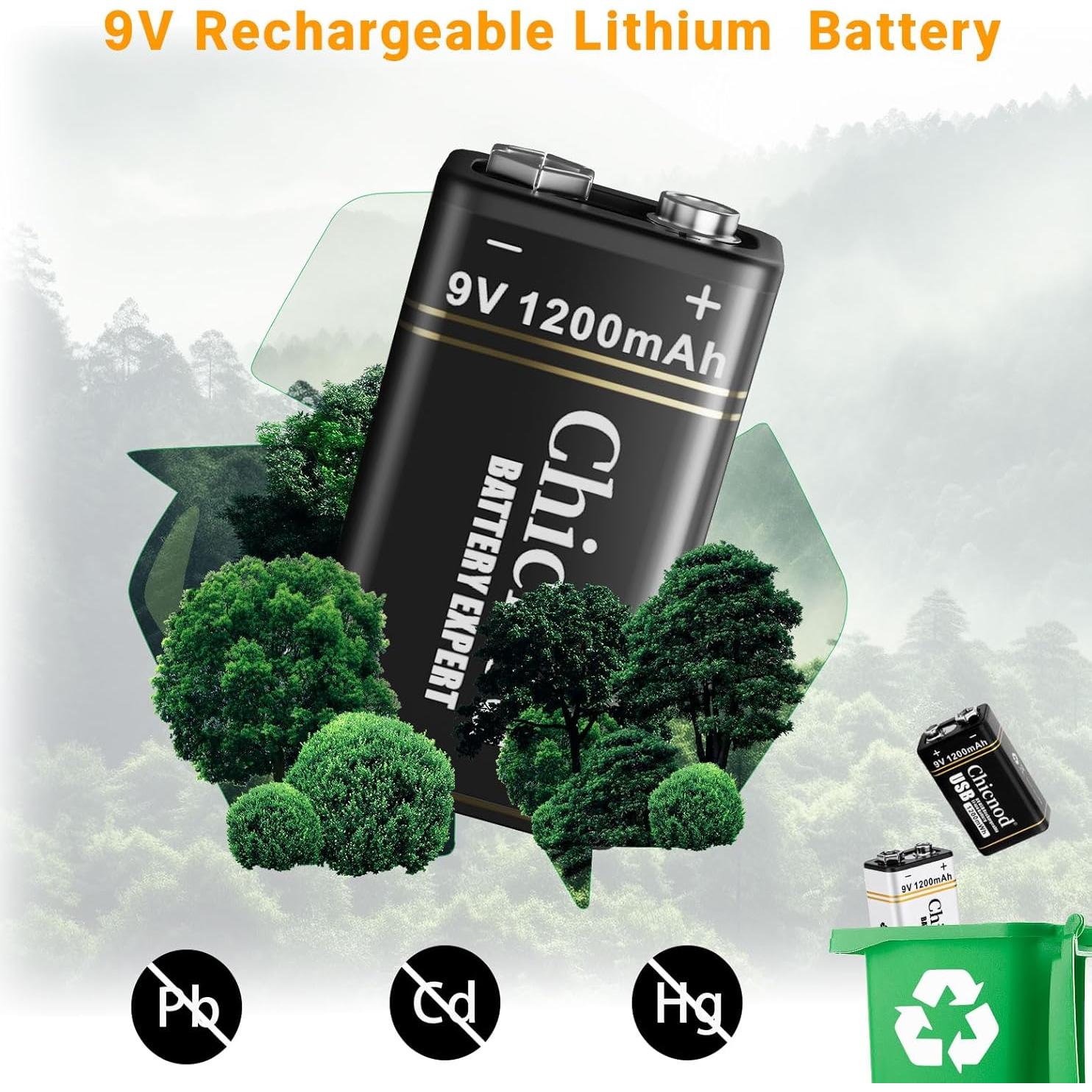 Baterías Recargables de Litio 9V CHICNOD 1200mAh Paquete de 6
