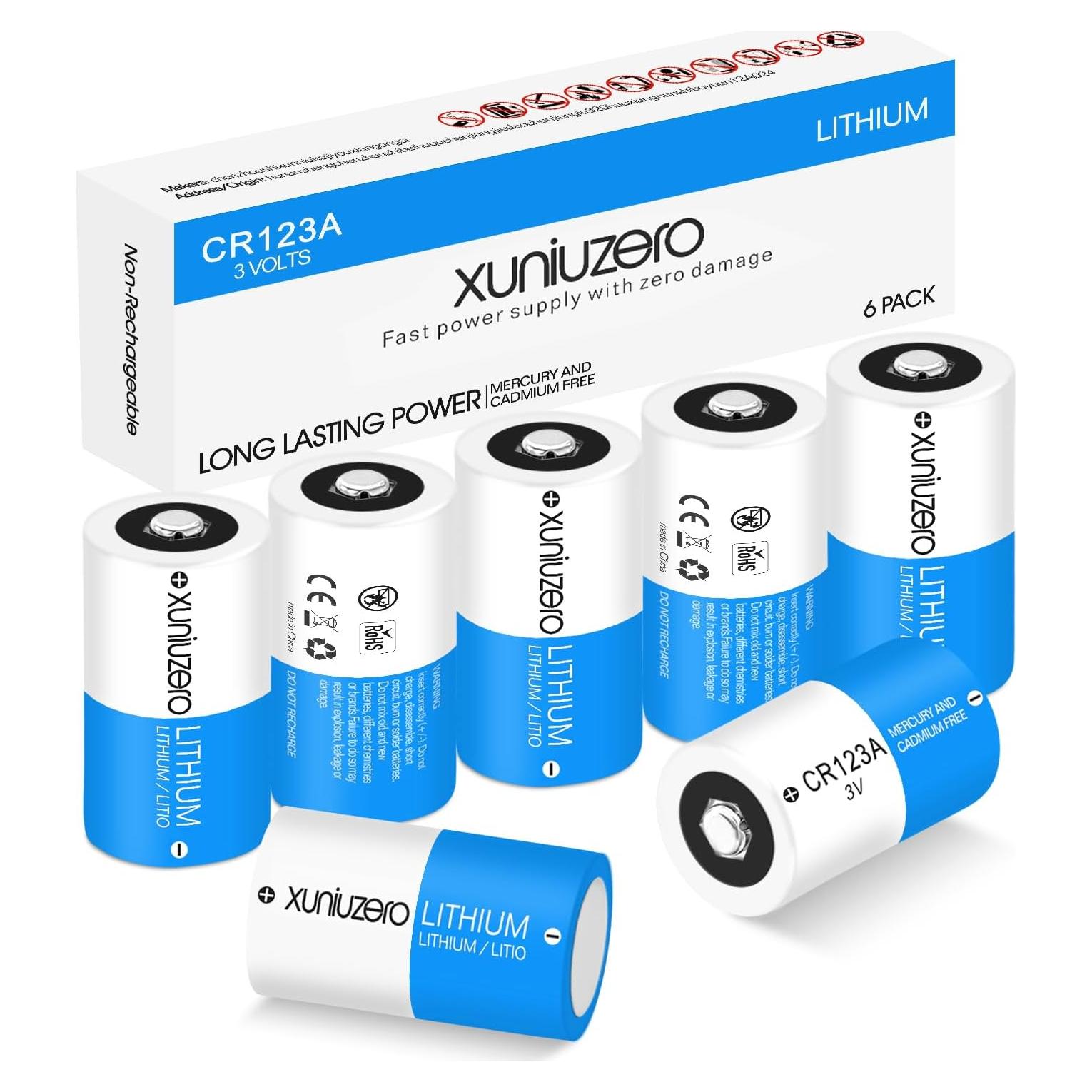 Baterías CR123A 3V XUNIUZERO Paquete de 6 Litio 1600mAh