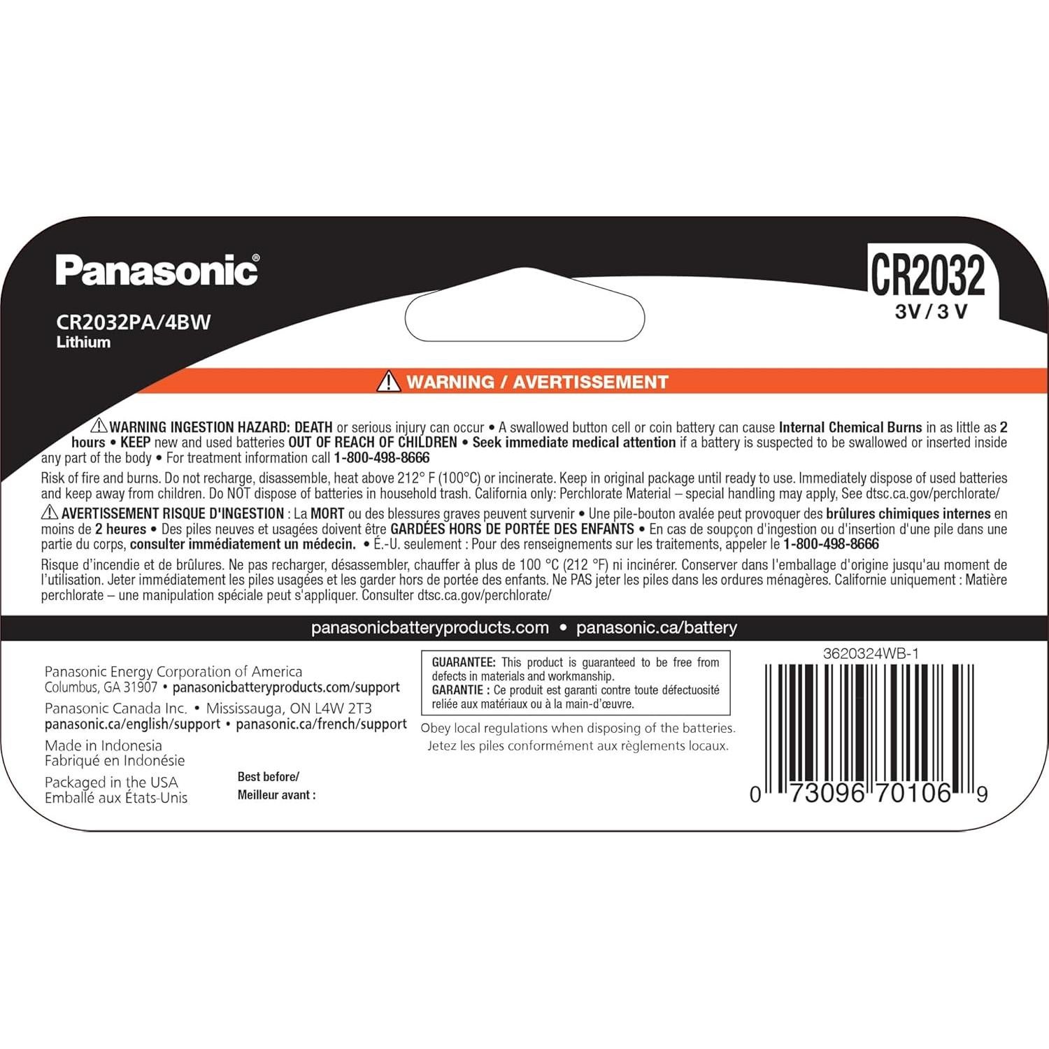 Baterías de botón de litio Panasonic CR2032 3V - Paquete de 4