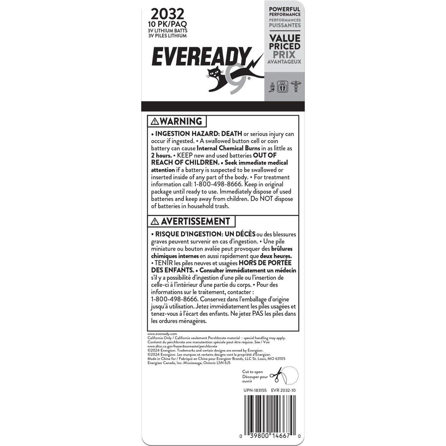 Baterías de moneda de litio Eveready 2032 - Paquete de 10