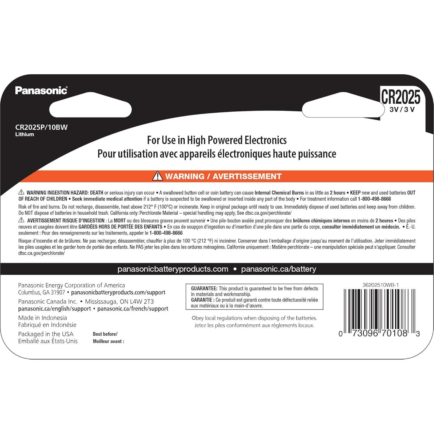 Baterías de botón de litio Panasonic CR2025 3V - 10 unidades