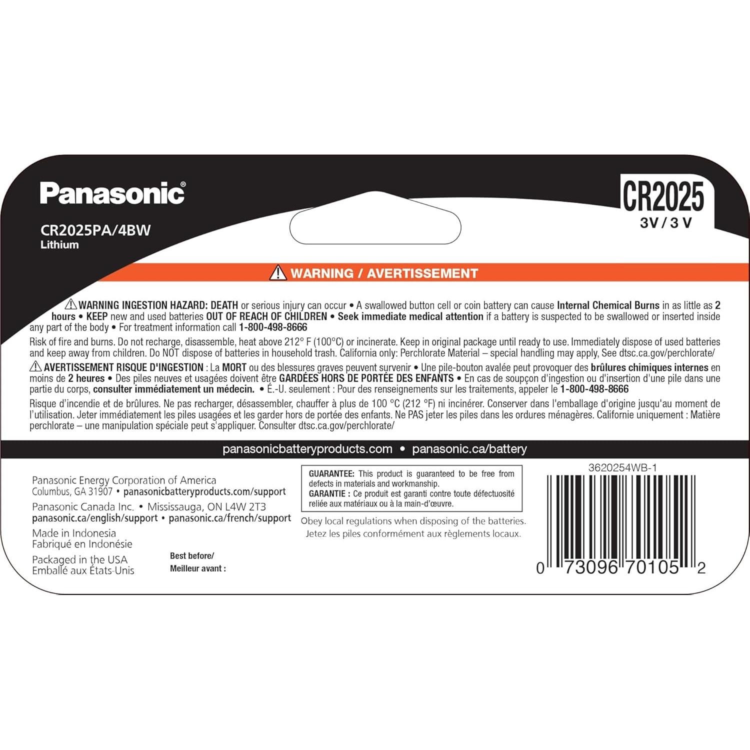 Baterías de botón de litio Panasonic CR2025 3V - Paquete de 4