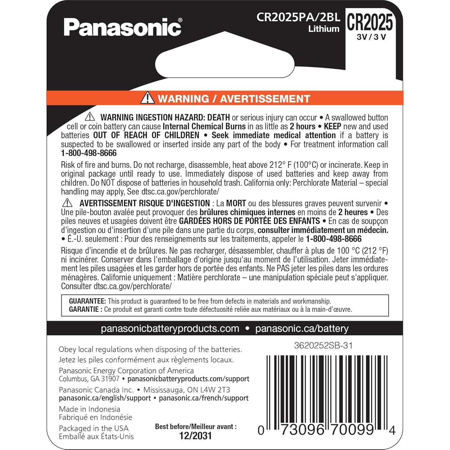 Baterías de Litio Panasonic CR2025 3V - Paquete de 2 Unidades