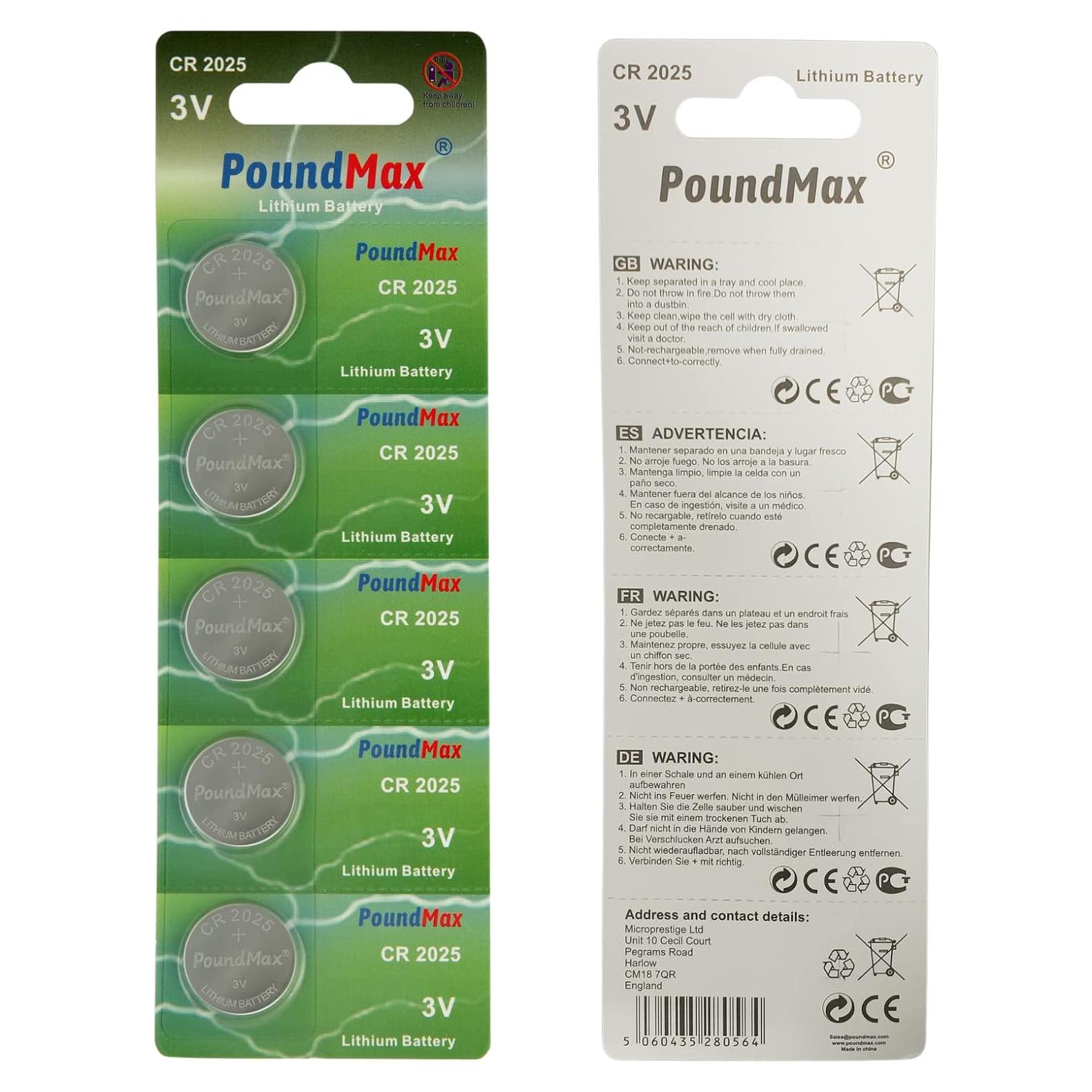 Pilas de botón de litio PoundMax CR2025 3V - 5 unidades
