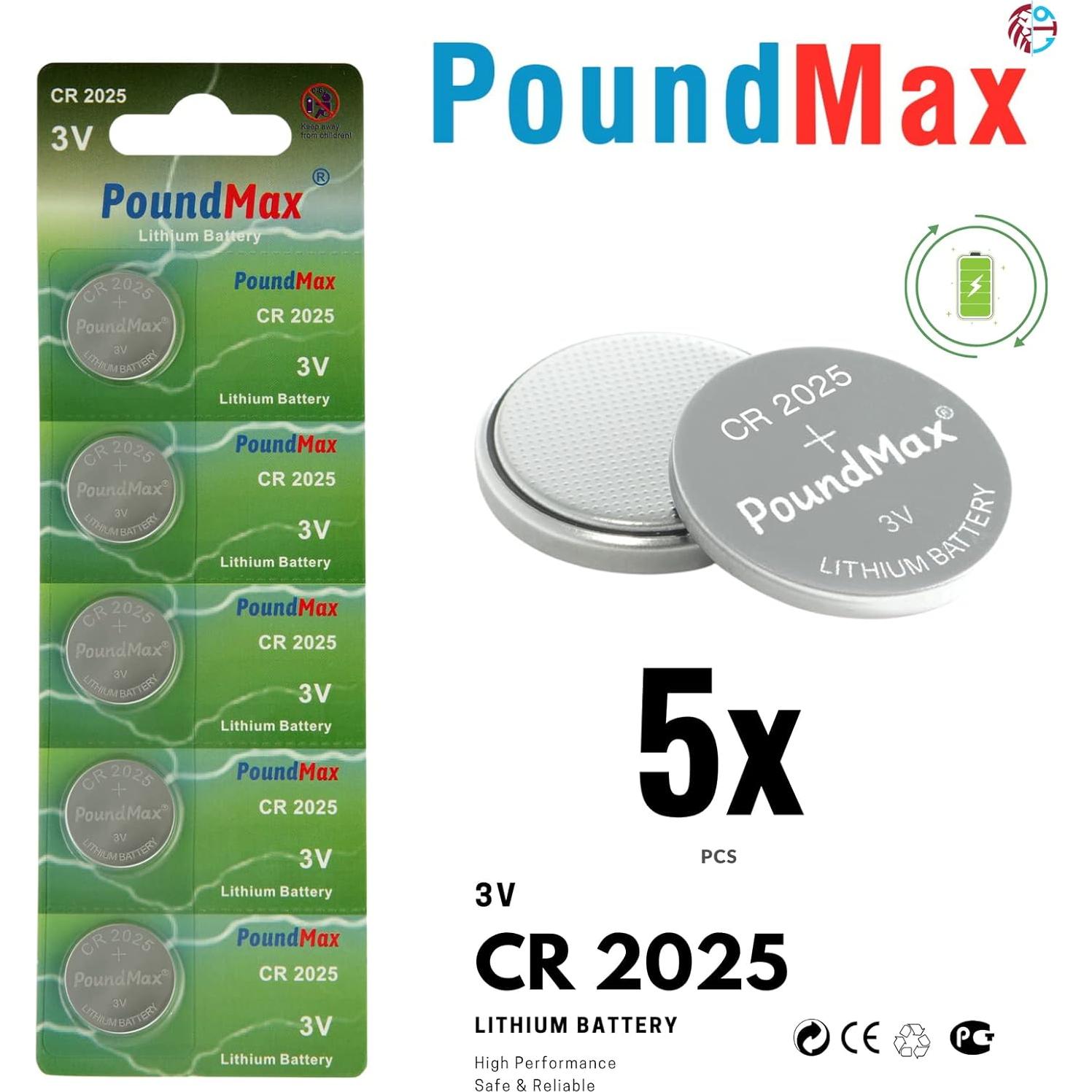 Pilas de botón de litio PoundMax CR2025 3V - 5 unidades