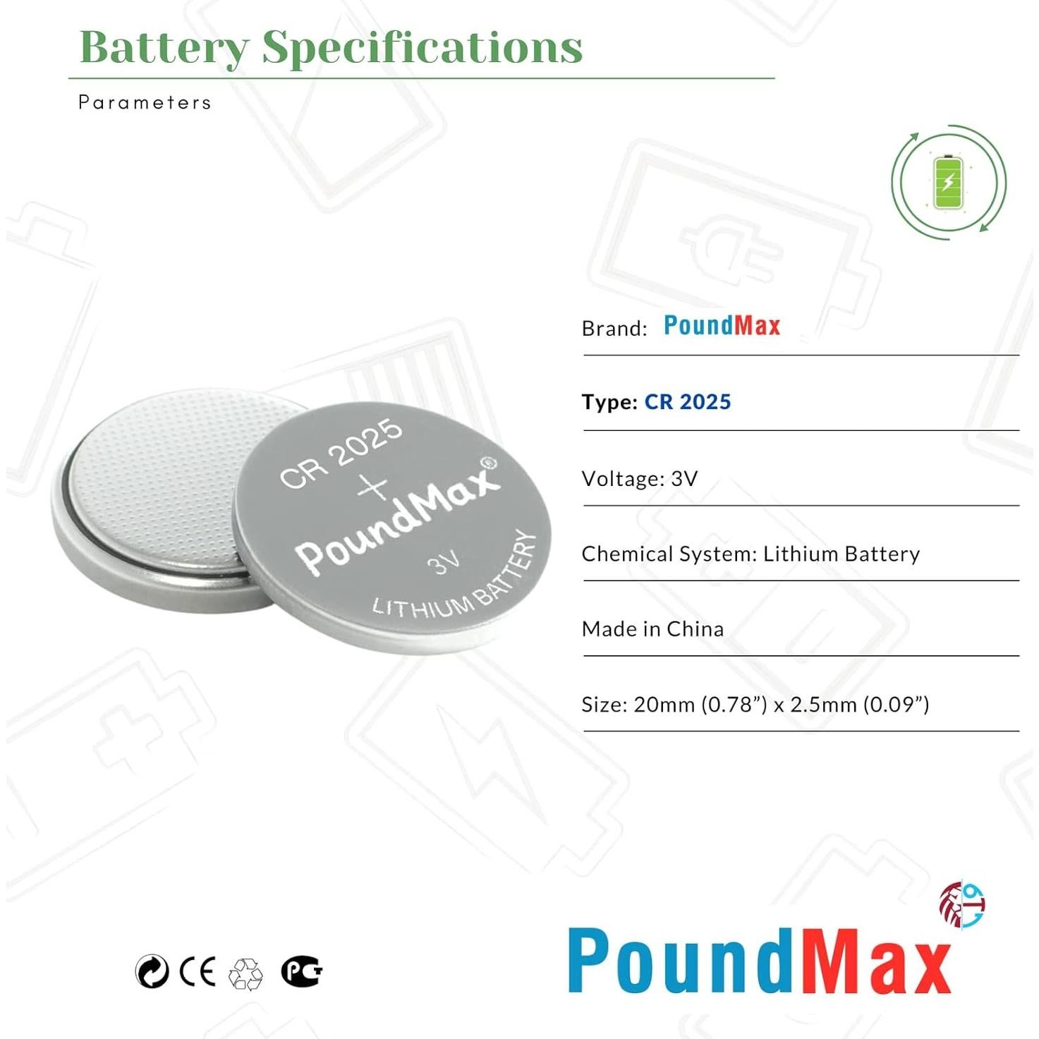 Pilas de botón de litio PoundMax CR2025 3V - 5 unidades