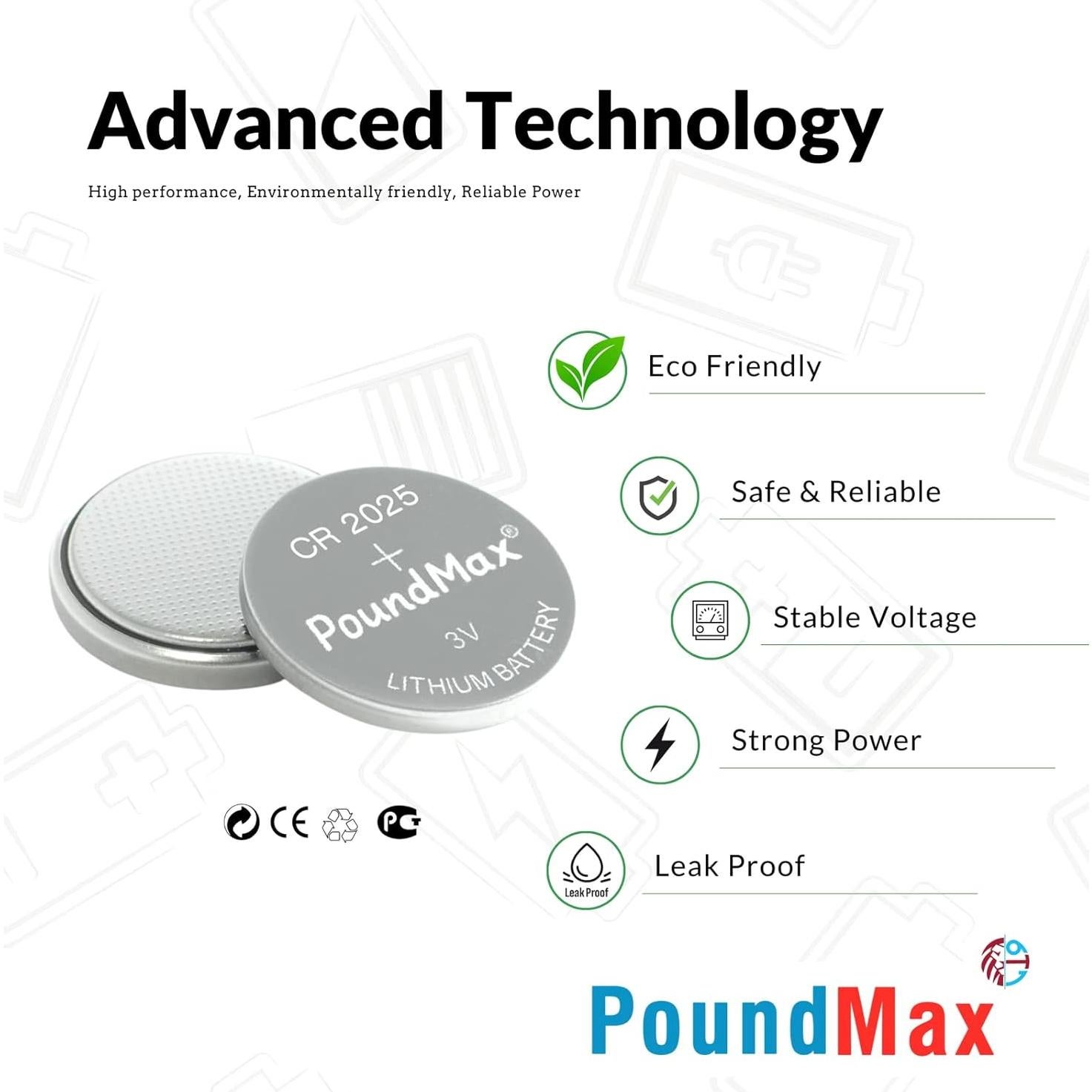 Pilas de botón de litio PoundMax CR2025 3V - 5 unidades