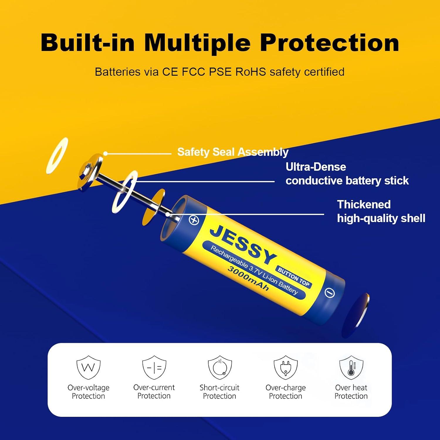 Batería Recargable JESSY 18650 3000mAh 3.7V Botón Superior 2 Pzas