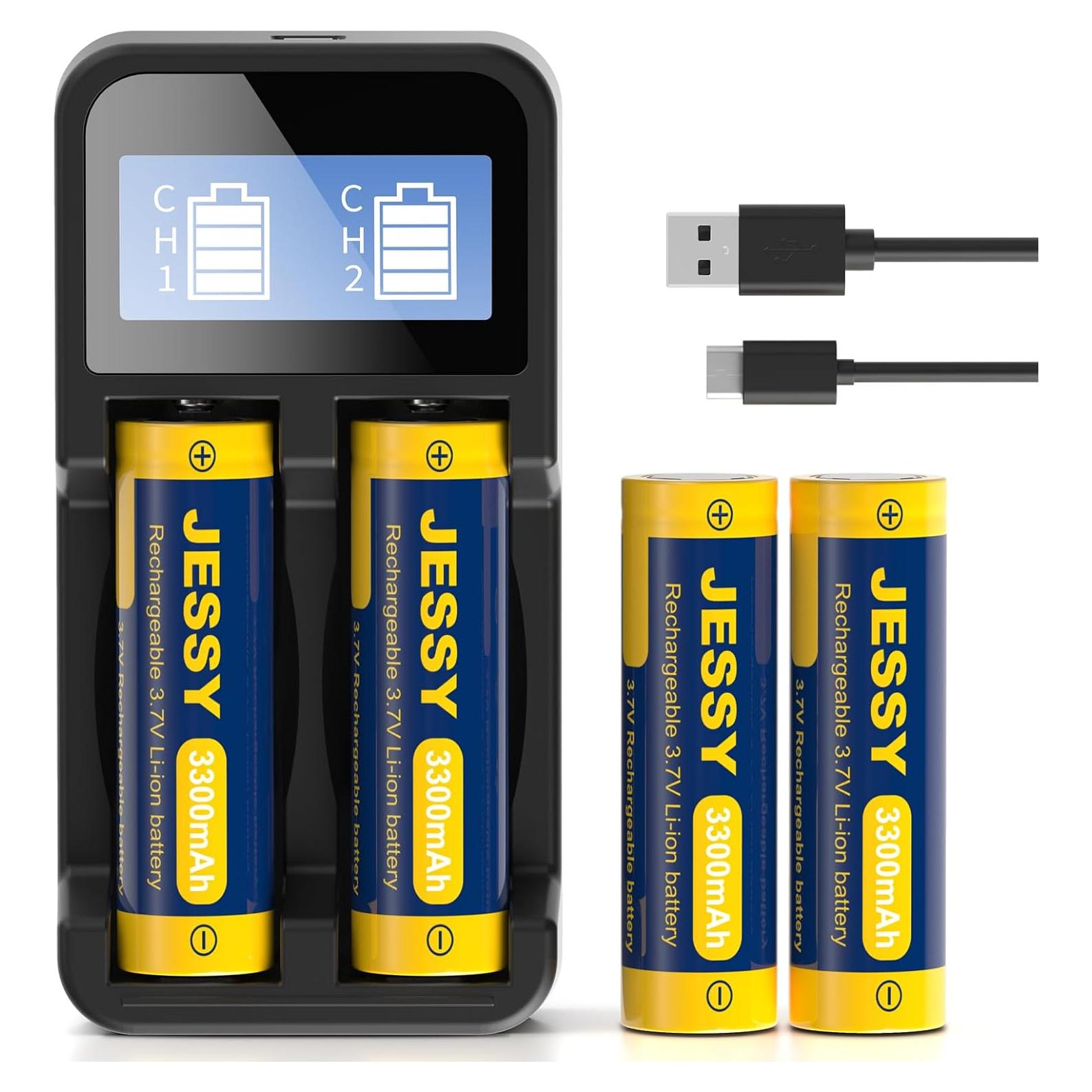 Paquete de 4 Baterías Recargables JESSY 3300mAh 3.7V con Cargador