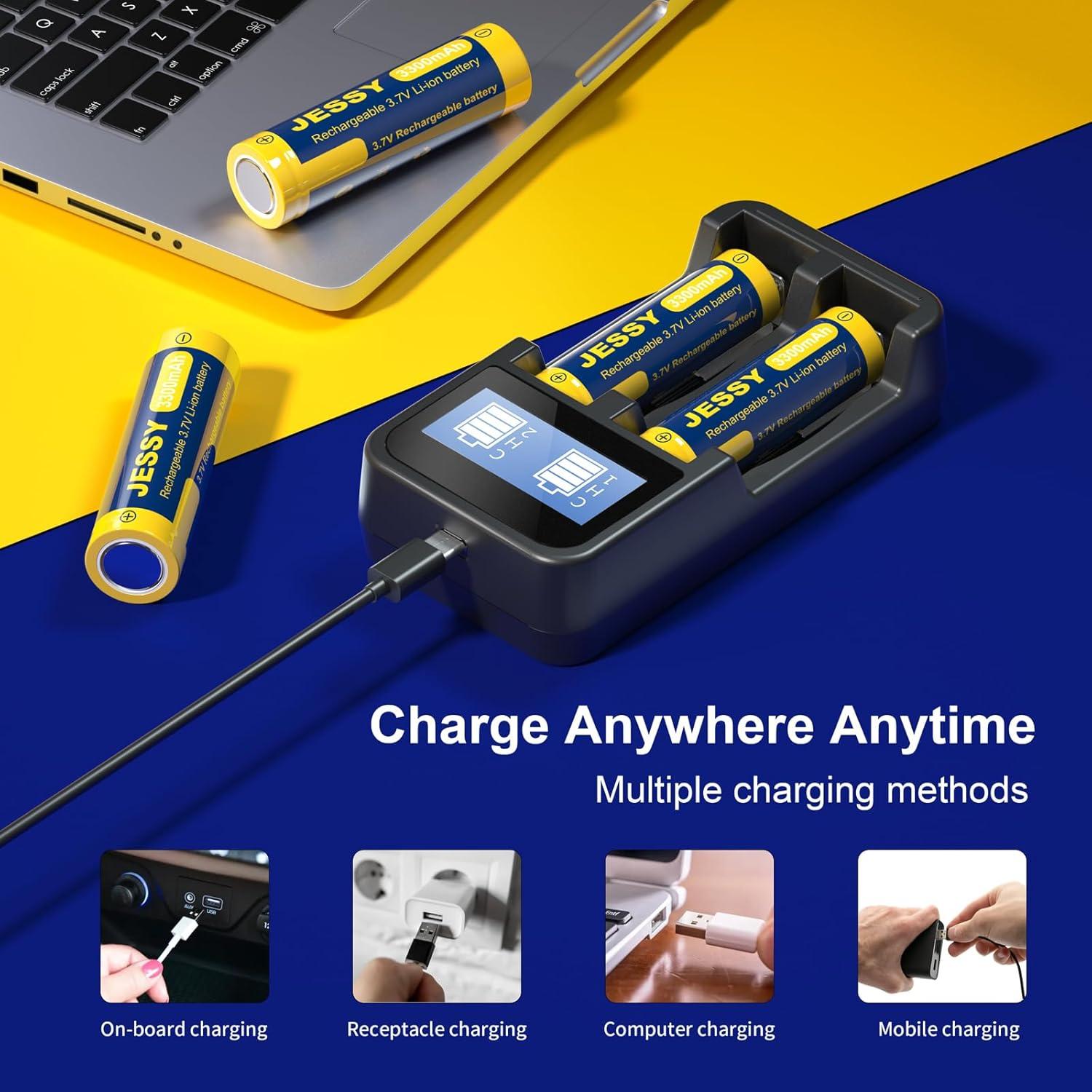 Paquete de 4 Baterías Recargables JESSY 3300mAh 3.7V con Cargador