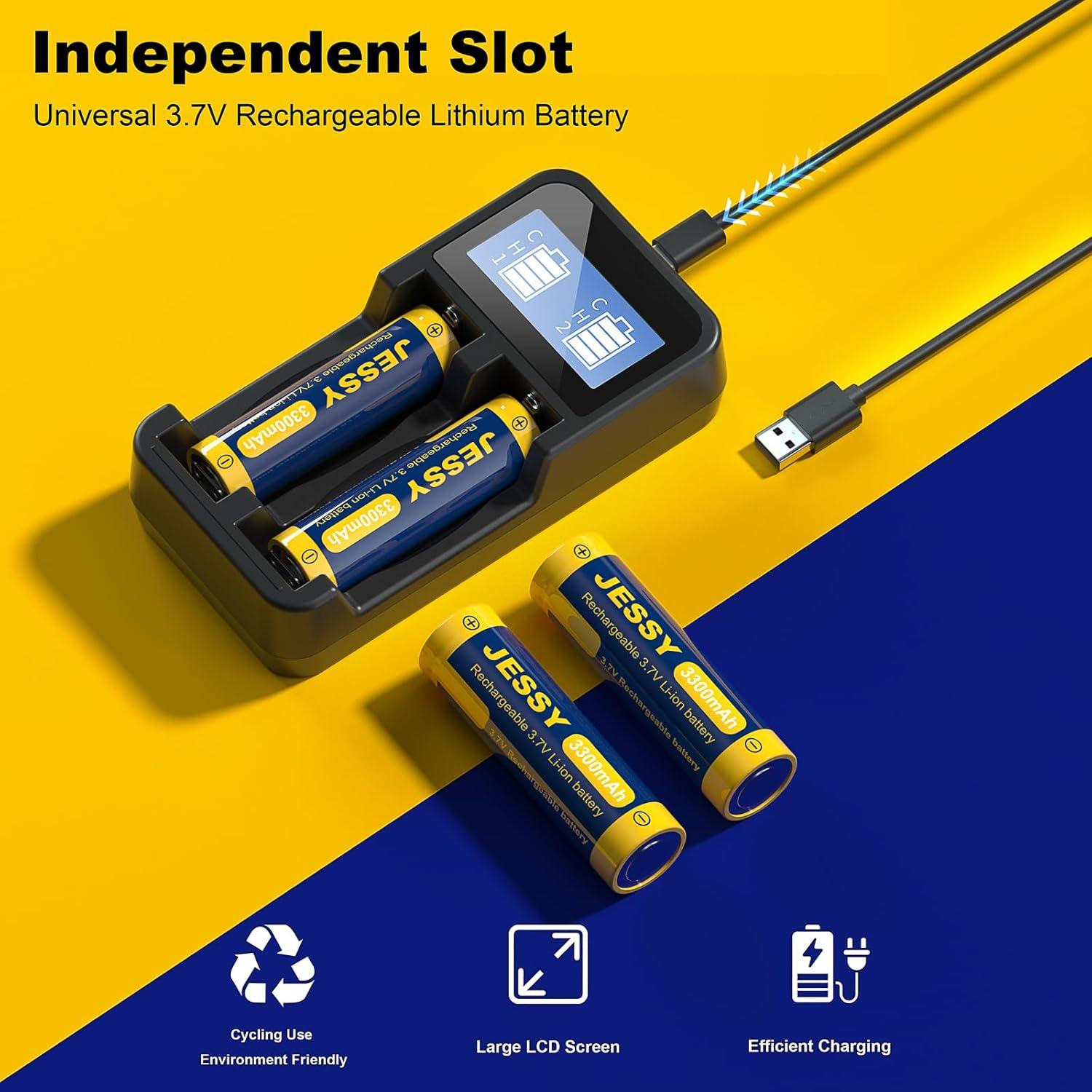 Paquete de 4 Baterías Recargables JESSY 3300mAh 3.7V con Cargador