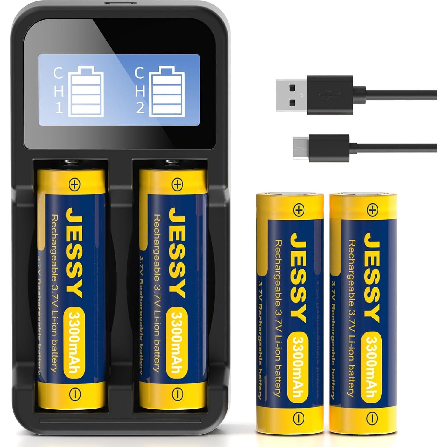 Paquete de 4 Baterías Recargables JESSY 3300mAh 3.7V con Cargador