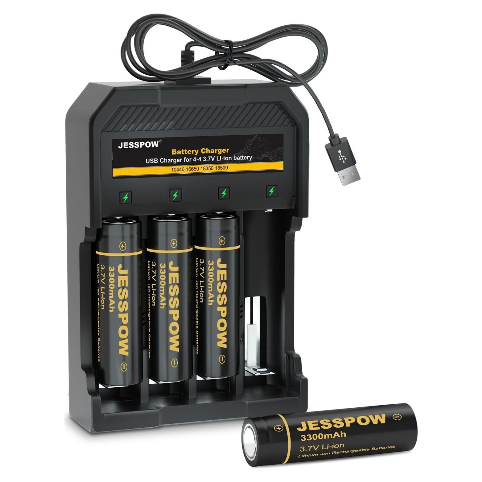 Paquete de 4 Baterías Recargables JESSPOW 3.7V 3300mAh Punta Plana