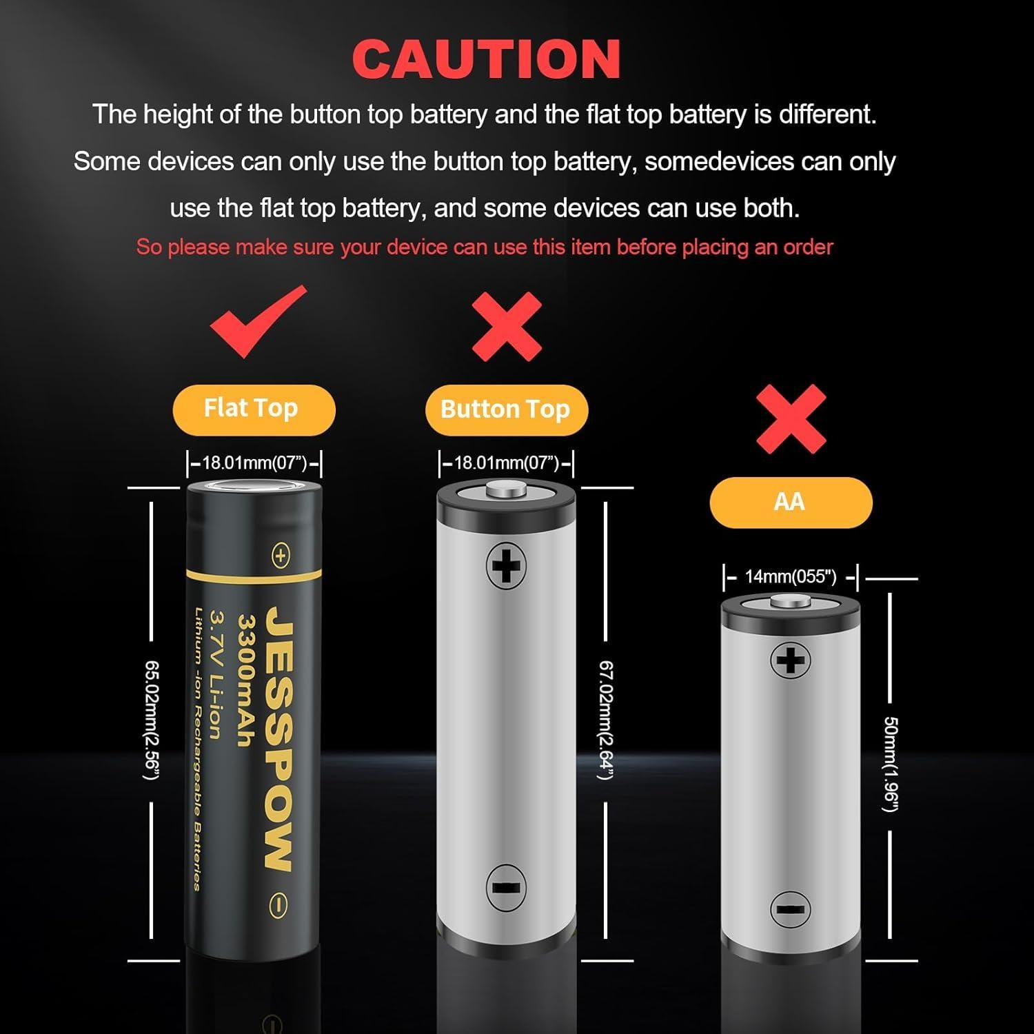 Paquete de 4 Baterías Recargables JESSPOW 3.7V 3300mAh Punta Plana