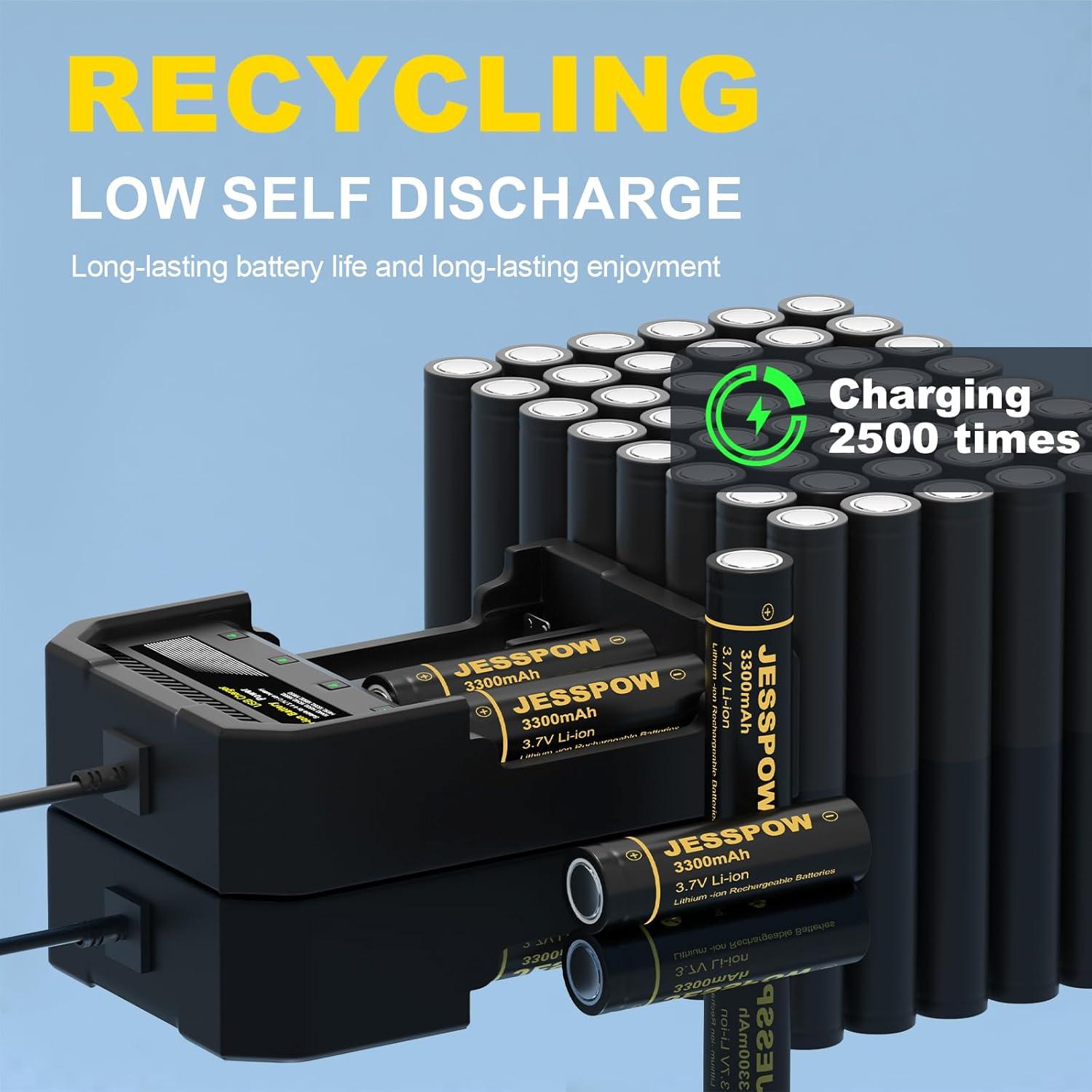 Paquete de 4 Baterías Recargables JESSPOW 3.7V 3300mAh Punta Plana