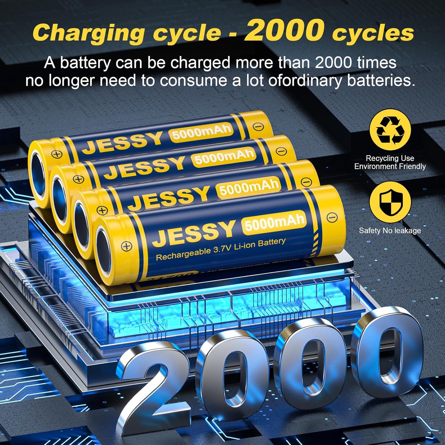 Batería Recargable JESSY 3.7V 5000mAh para Linternas y Faros (Paquete de 4)